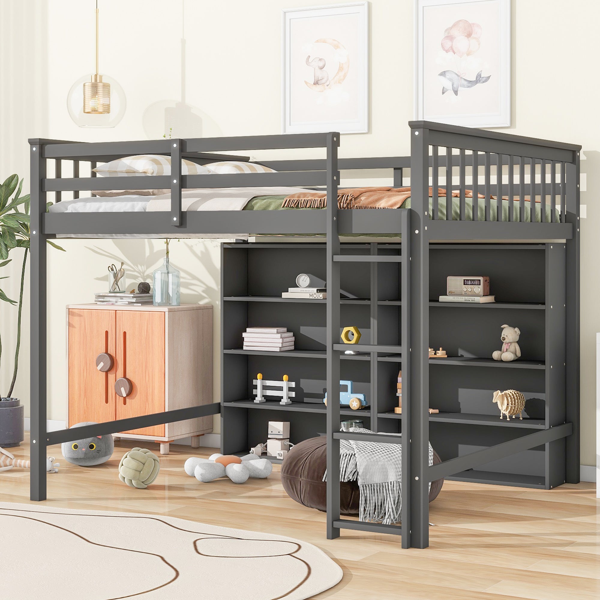 Full Size Loft Bed with 8 Open Storage Shelves and Built-in Ladder, Gray