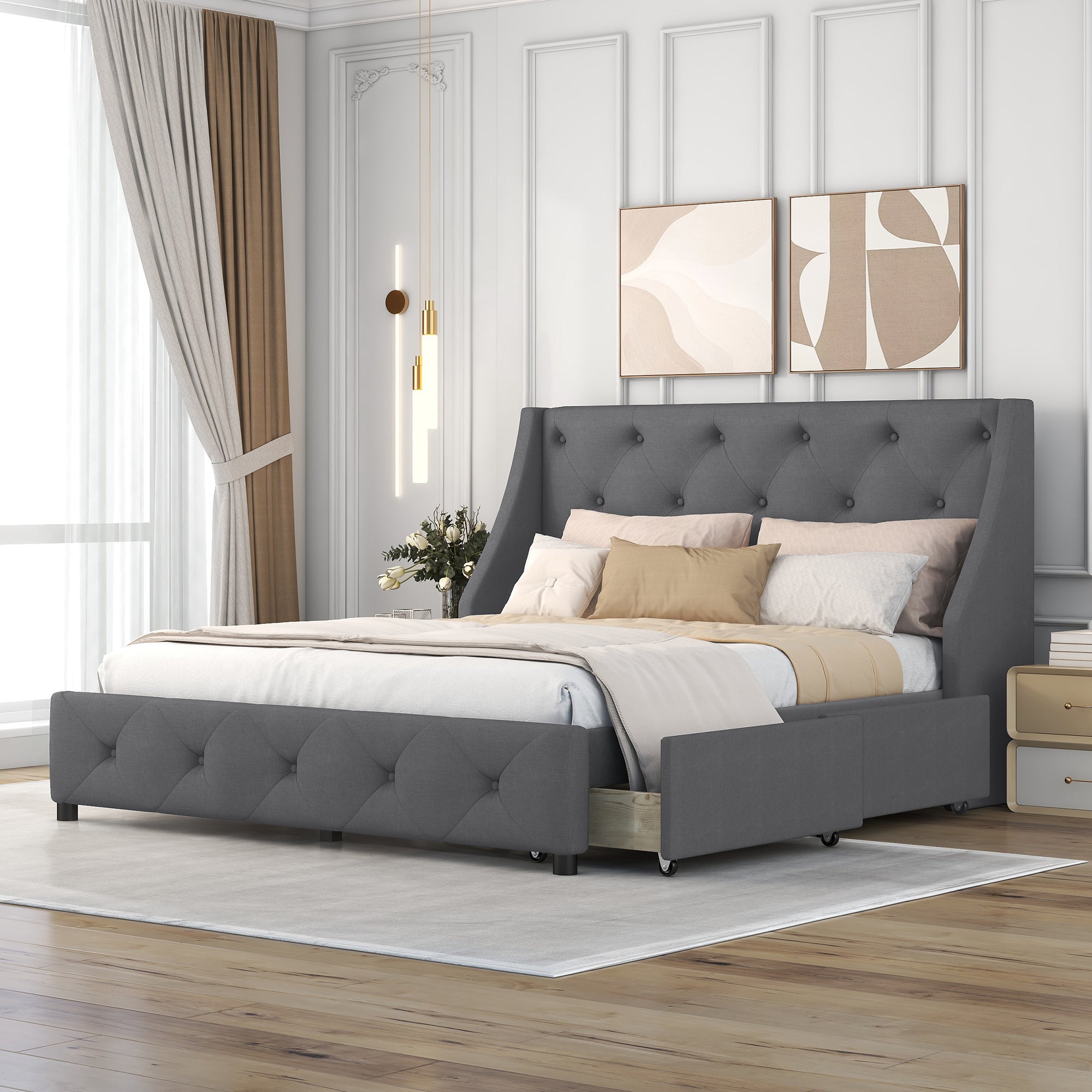 Upholstered Platform Bed with Wingback Tufted Headboard and 4 Drawers, No Box Spring Needed, Linen Fabric, Queen Size Gray