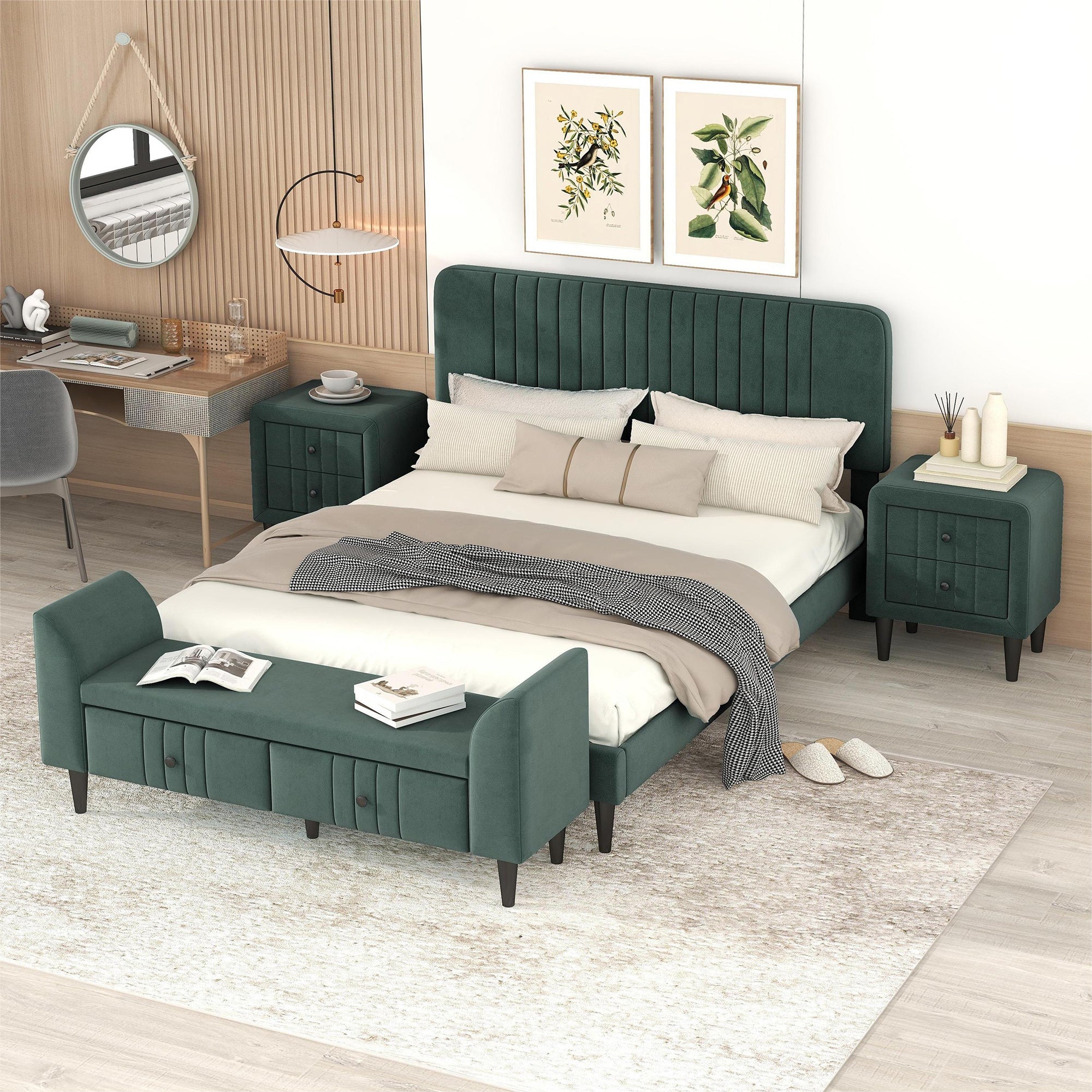 4-Pieces Bedroom Sets Queen Size Upholstered Platform Bed with Two Nightstands and Storage Bench-Green