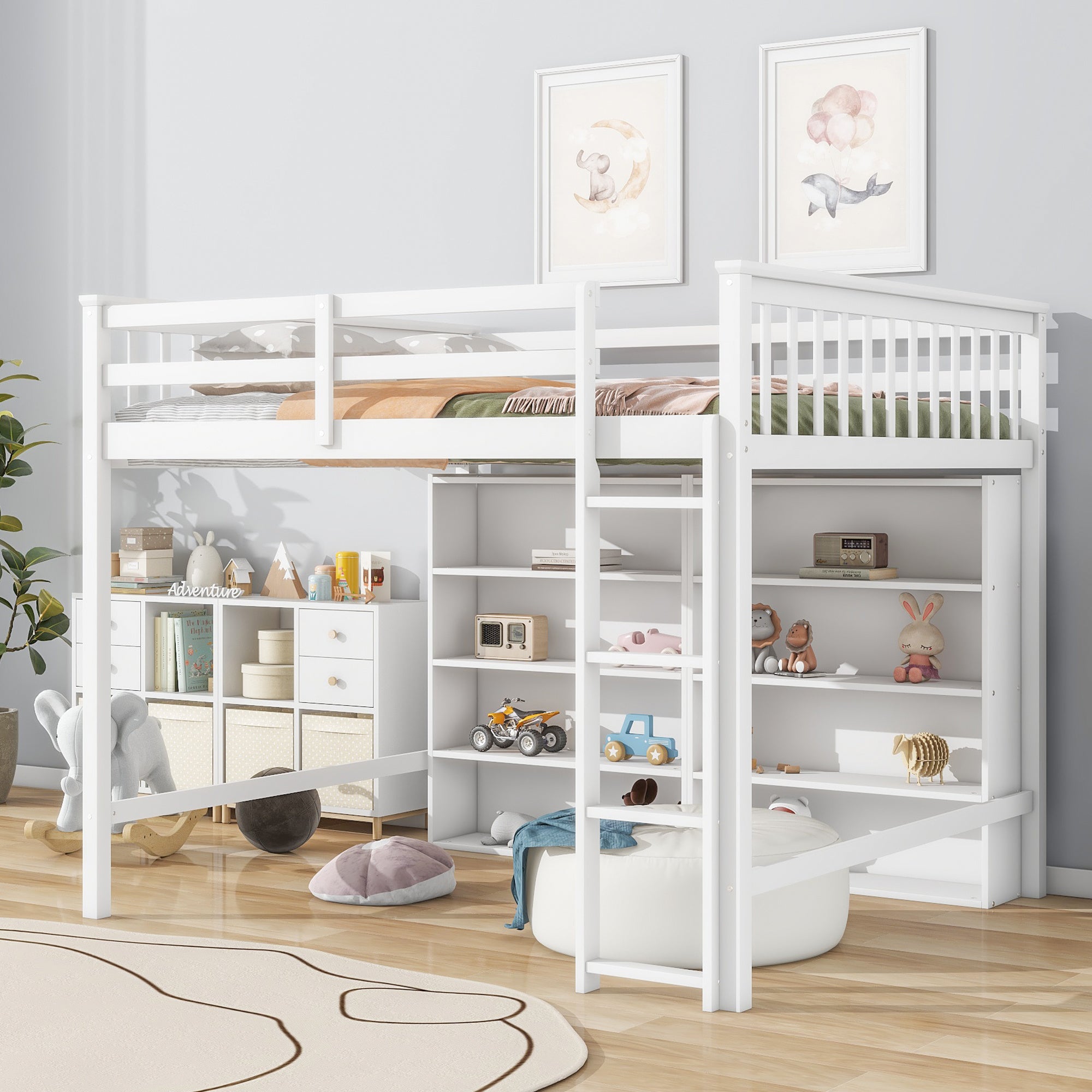 Full Size Loft Bed with 8 Open Storage Shelves and Built-in Ladder, White