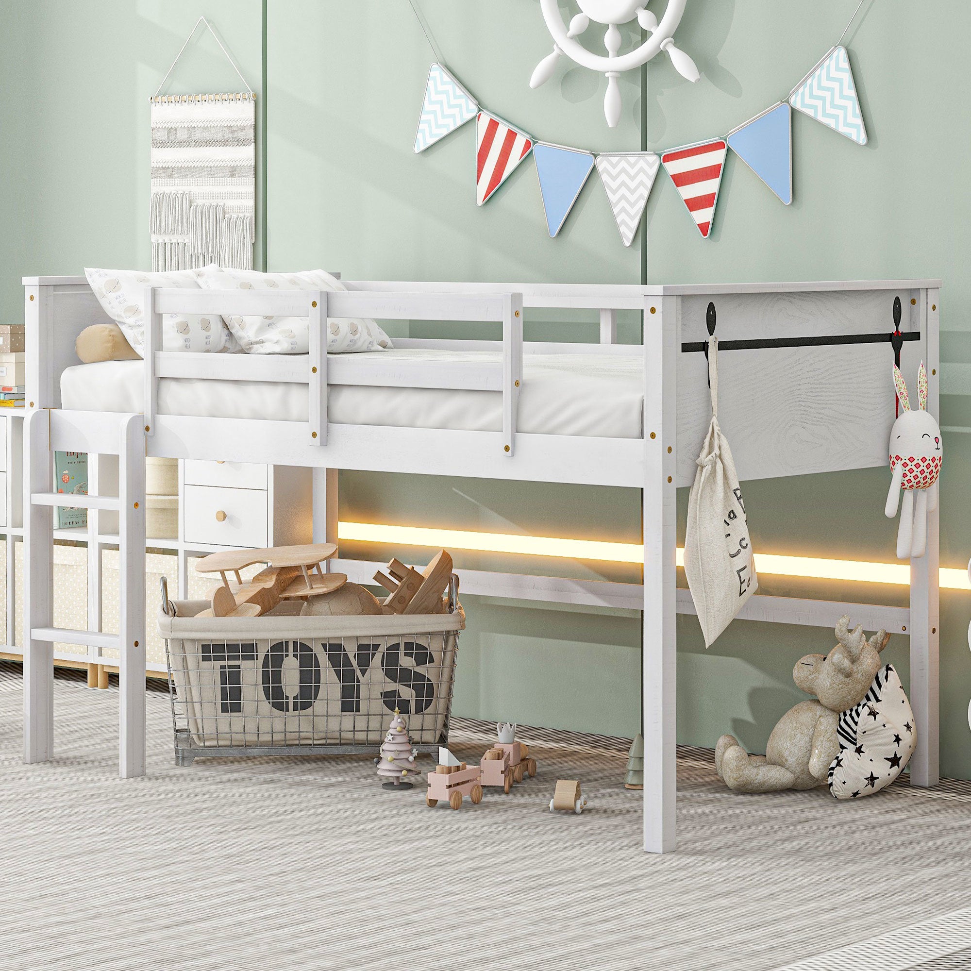 Wood Twin Size Loft Bed with Hanging Clothes Racks, White