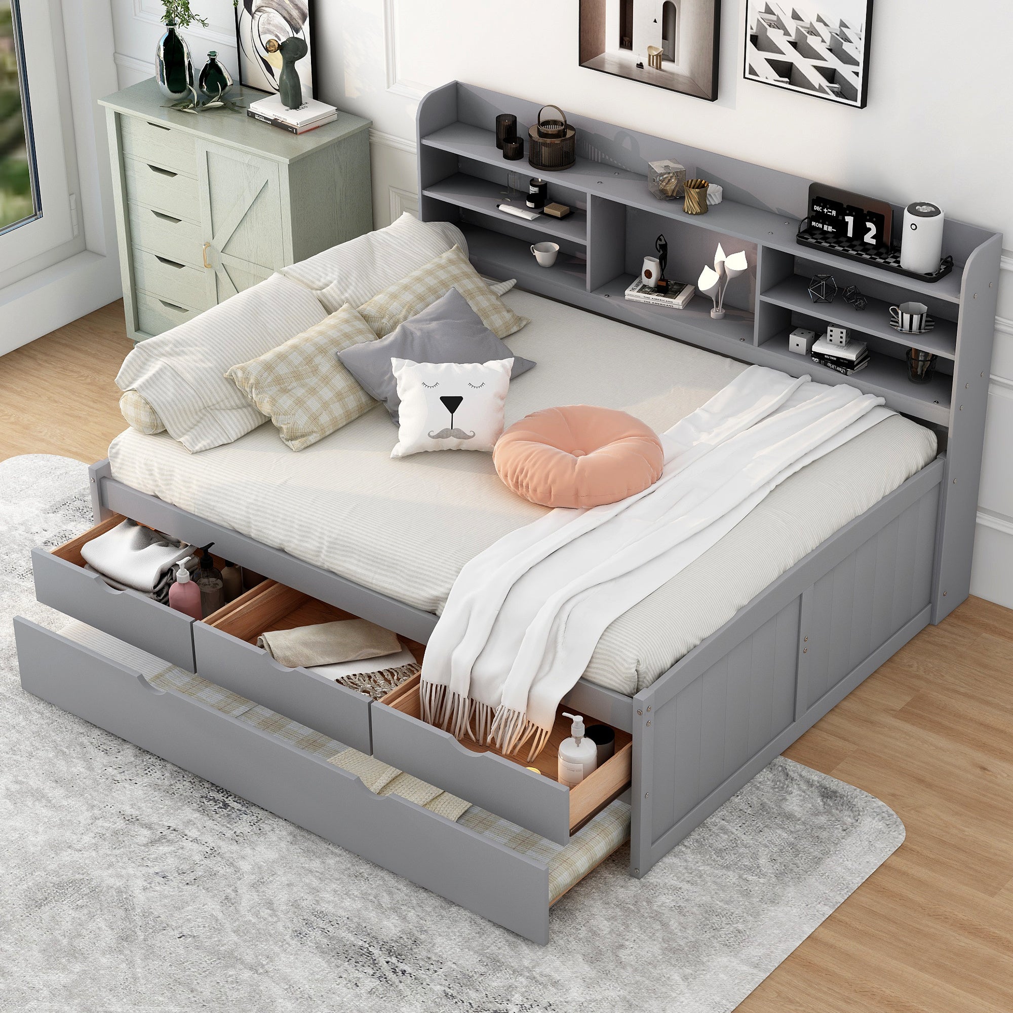 Full Size Wooden Captain Bed with Built-in Bookshelves,Three Storage Drawers and Trundle,Light Grey