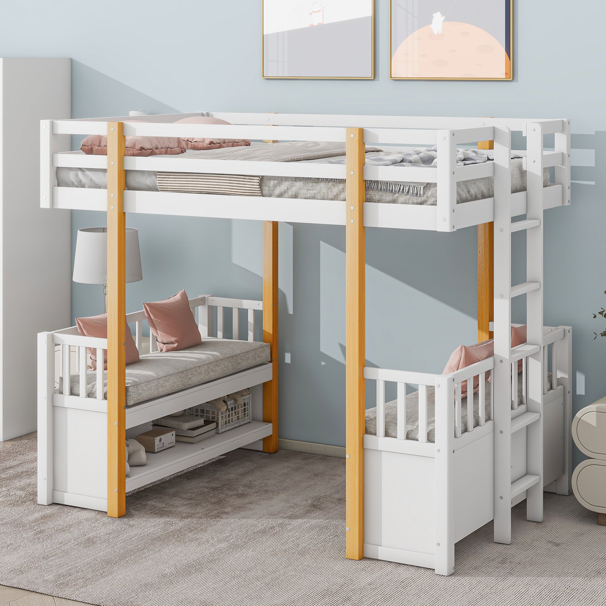 Wood Twin Size Loft Bed with 2 Seats and a Ladder, White