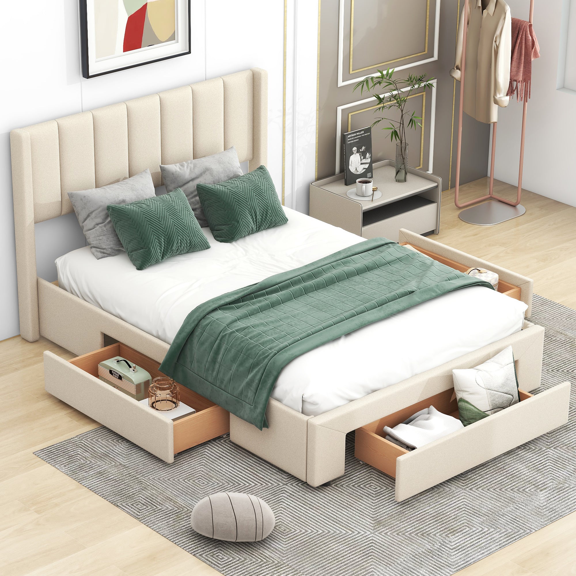 Full Size Upholstered Platform Bed with One Large Drawer in the Footboard and Drawer on Each Side,Beige