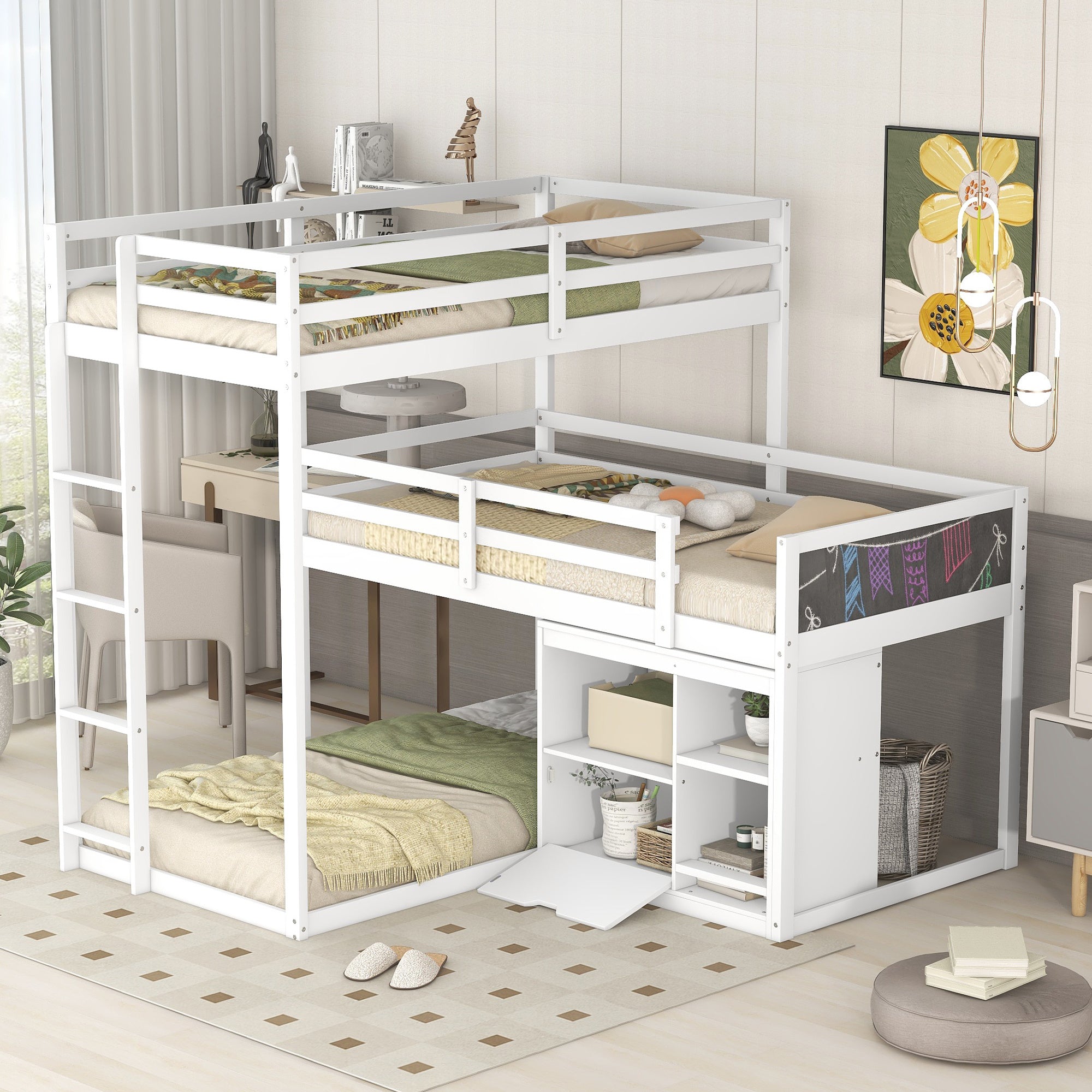 L-shaped Wood Triple Twin Size Bunk Bed with Storage Cabinet and Blackboard, Ladder, White