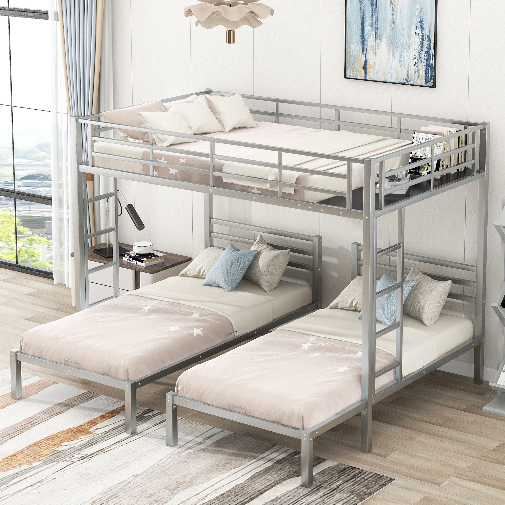 Full over Twin&Twin Size Bunk Bed with Built-in Shelf, Silver