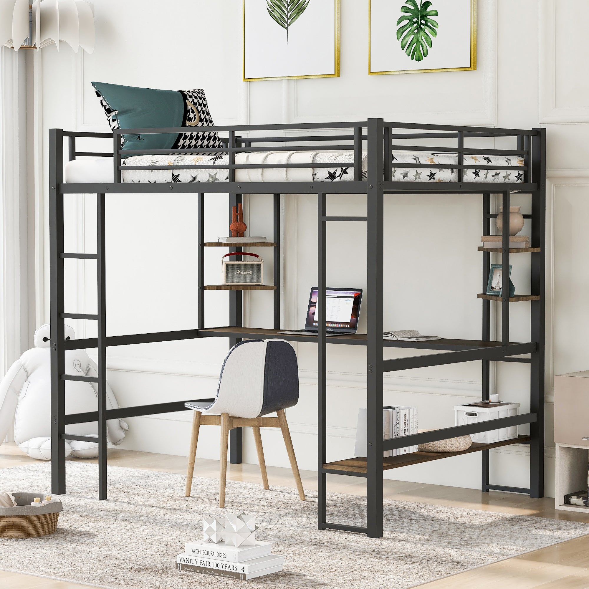 Full Size Loft Metal&MDF Bed with Long Desk and Shelves,Black(OLD SKU:SM000608AAB-1)