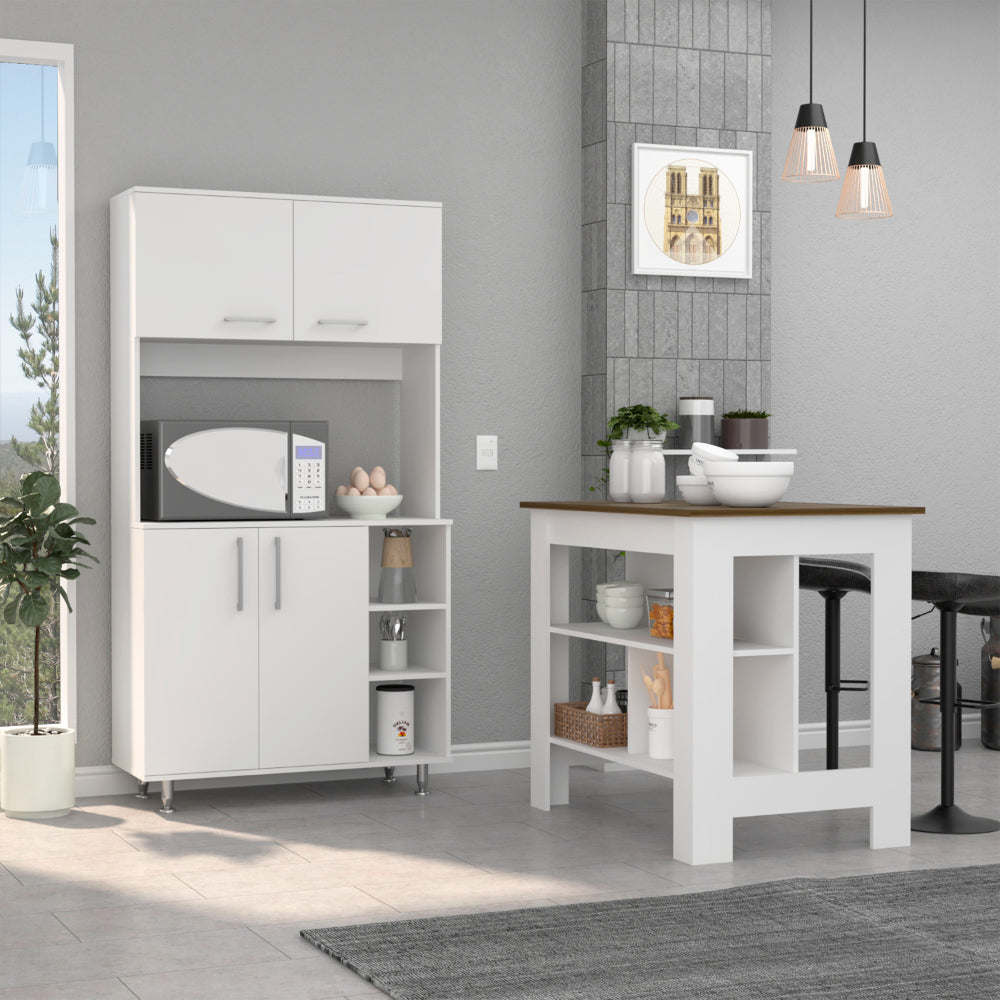 Ralston 7-Shelf 4-Door 2-piece Kitchen Set, Kitchen Island and Pantry Cabinet White and Walnut