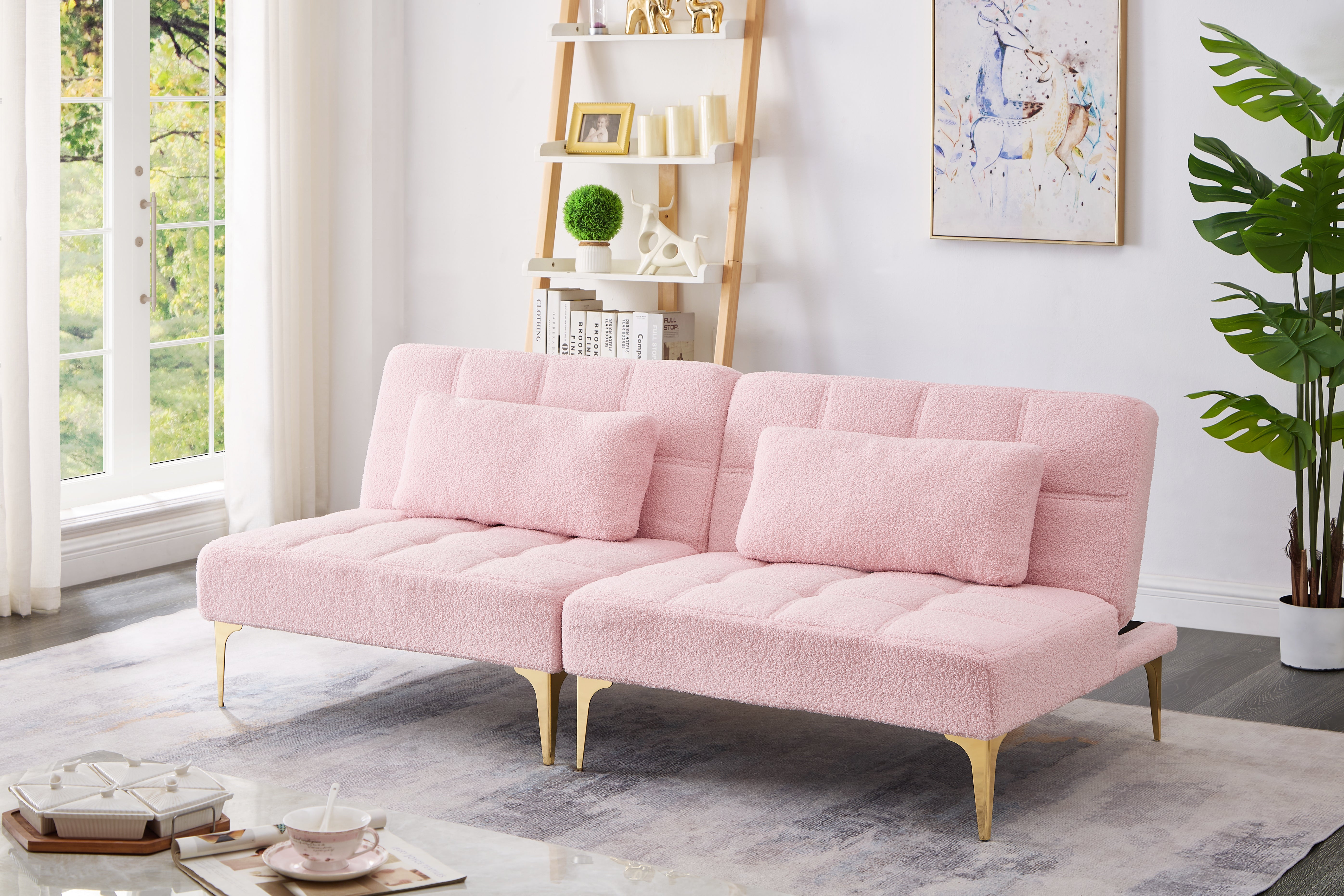 71" Convertible sofa bed futon with gold metal legs teddy fabric (Pink)