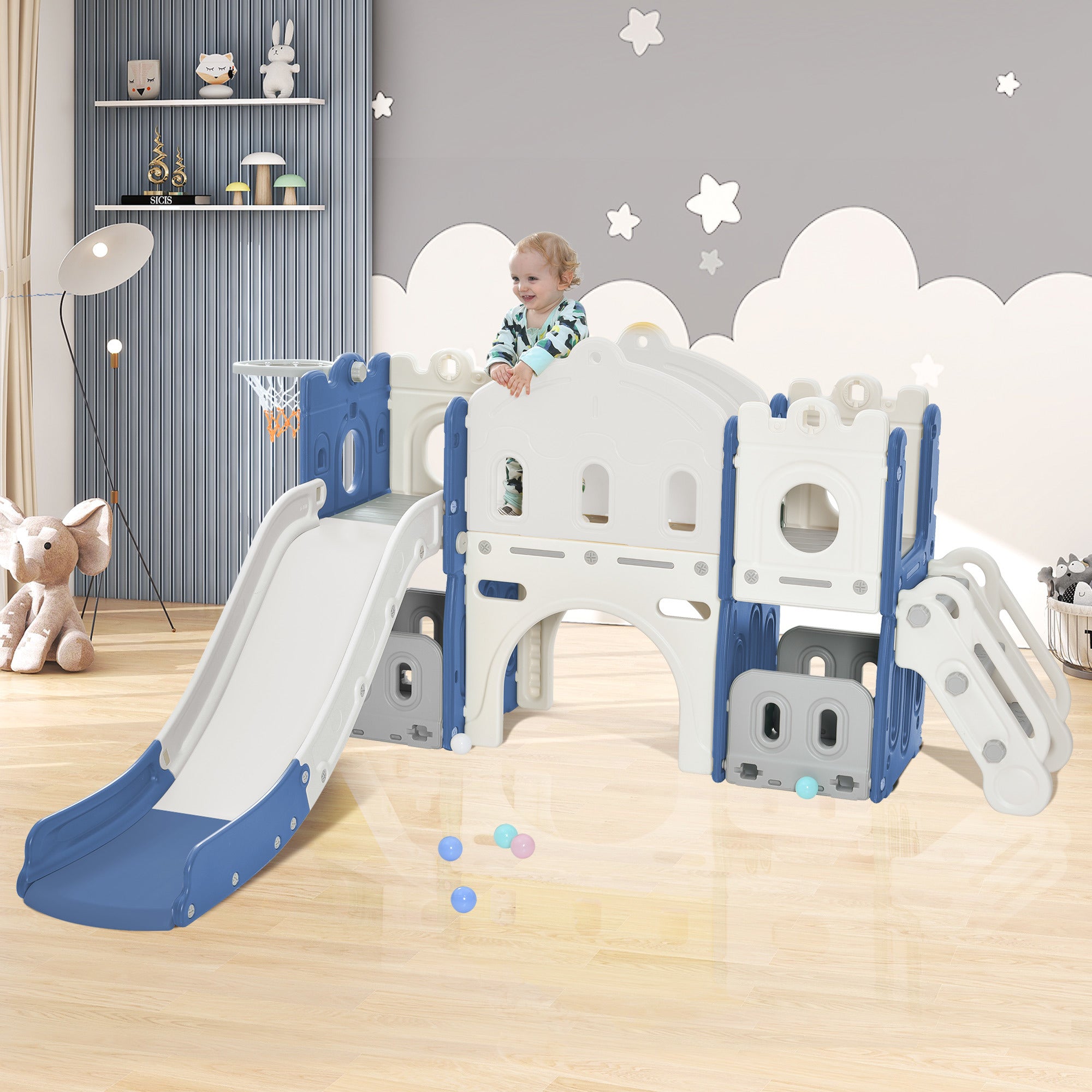 Kids Slide Playset Structure, Freestanding Castle Climber with Slide and Basketball Hoop, Toy Storage Organizer for Toddlers, Kids Climbers Playhouse for Indoor Outdoor Playground Activity.