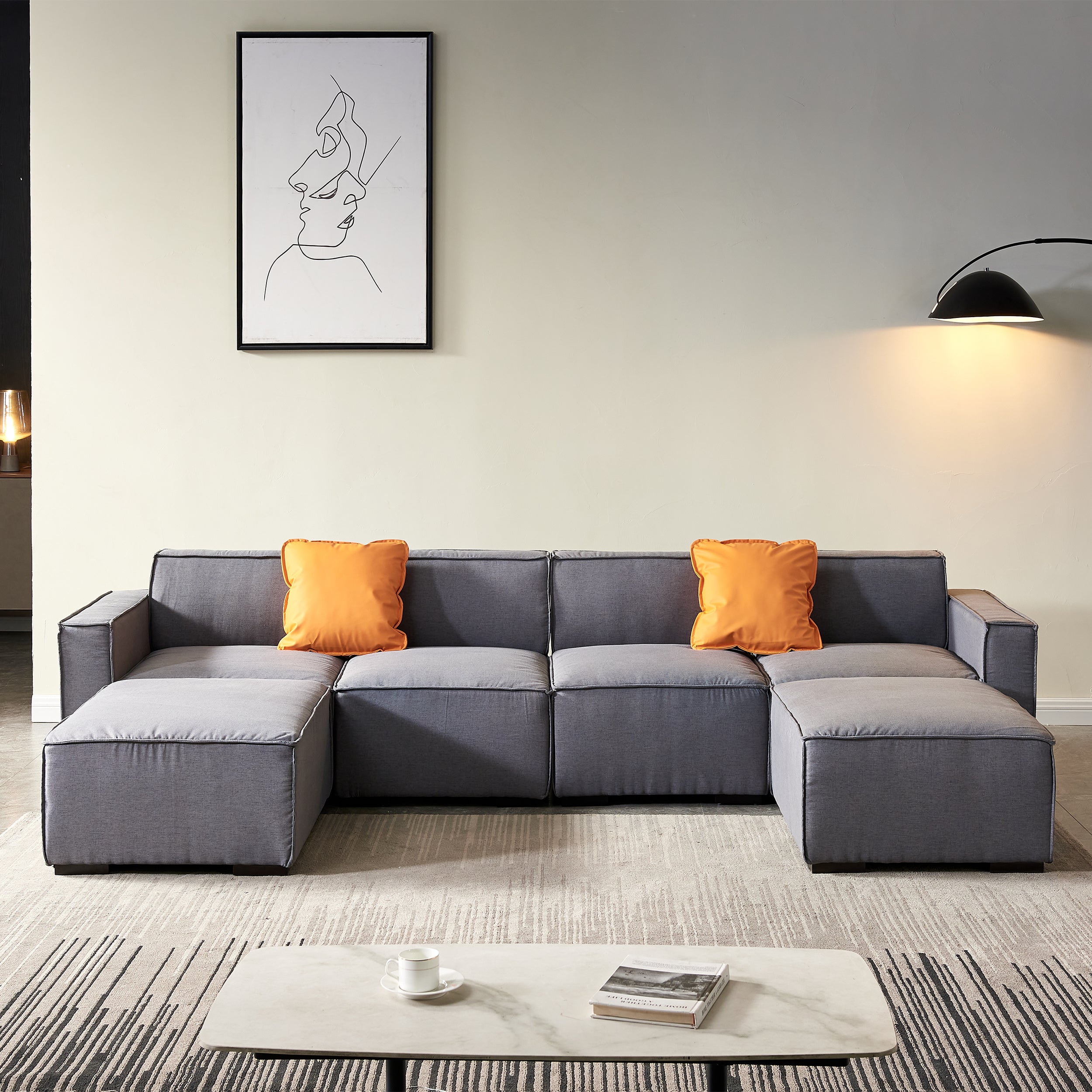 Modular U Shape Sectional Fabric Sofa (Grey)