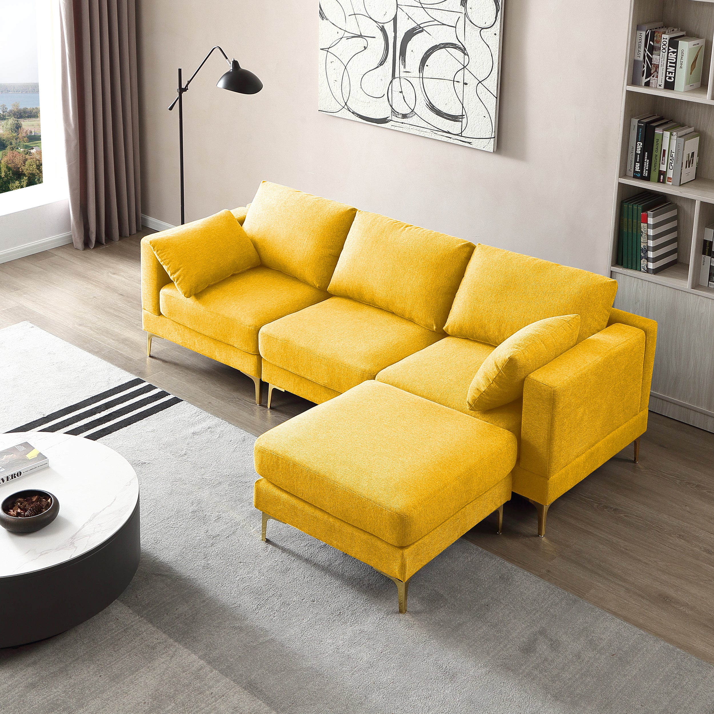 ADF Living Room Furniture Modern Leisure L Shape Couch Yellow Fabric