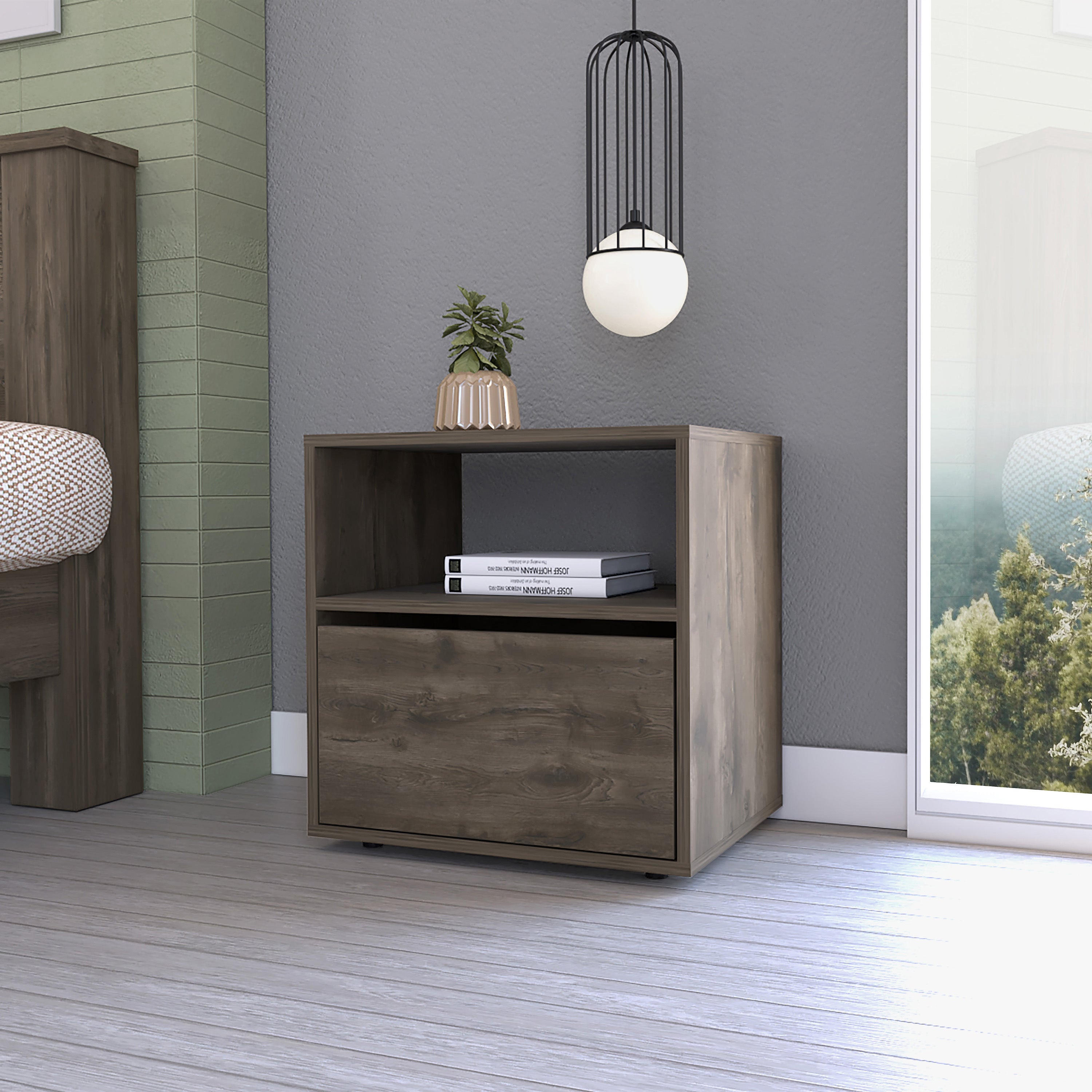 Nightstand Forum, One Open Shelf, One Cabinet, Dark Brown / Black Wengue Finish