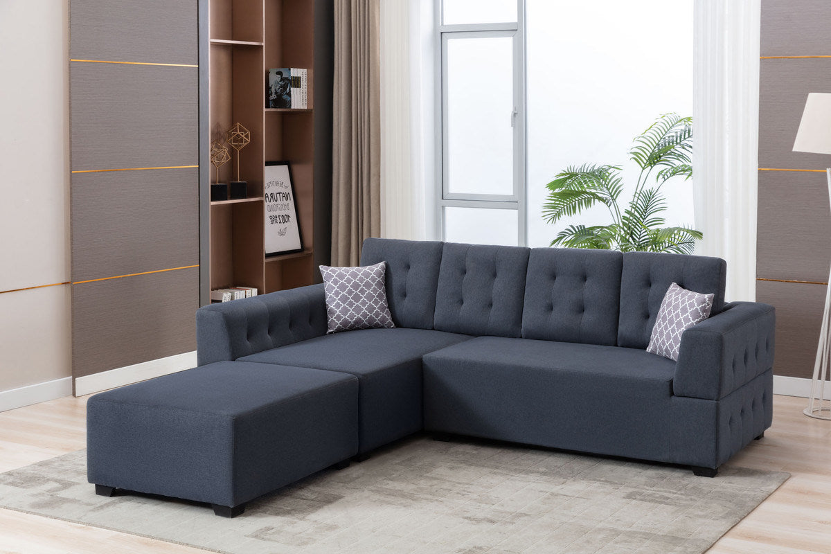 Ordell 92" Dark Gray Linen Fabric Sectional Sofa with Left Facing Chaise Ottoman and Pillows