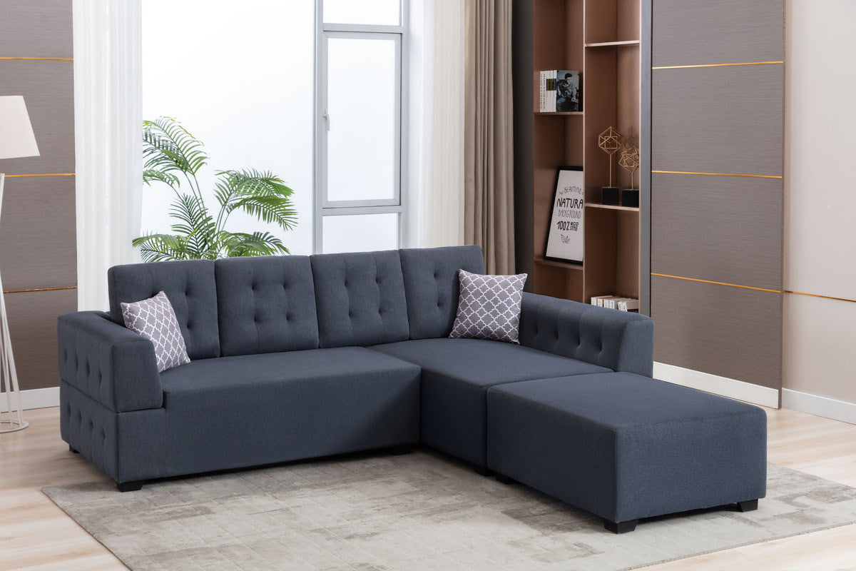 Ordell 92" Dark Gray Linen Fabric Sectional Sofa with Right Facing Chaise Ottoman and Pillows