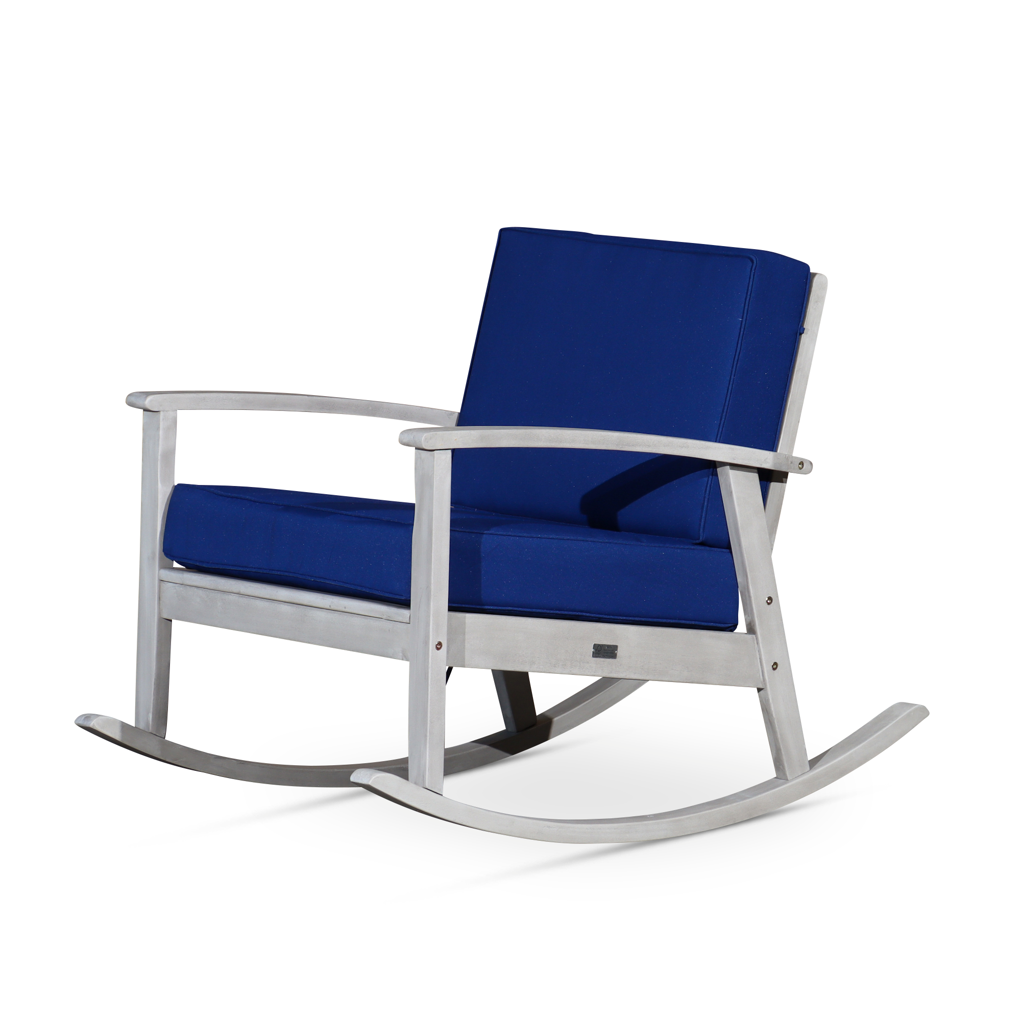 Eucalyptus Rocking Chair With Cushions, Silver Gray Finish, Navy Cushions