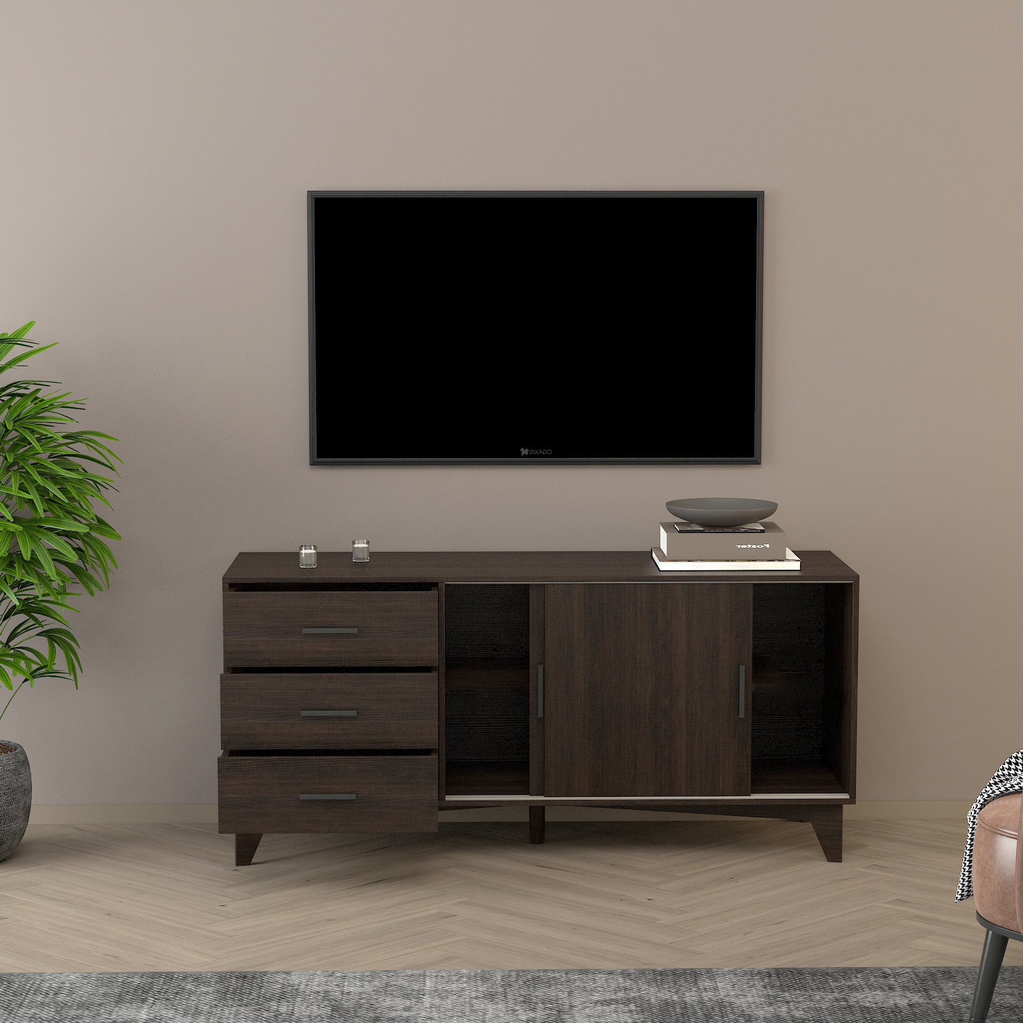 Parker TV Stand with Sliding Doors and Drawers in Dark Brown