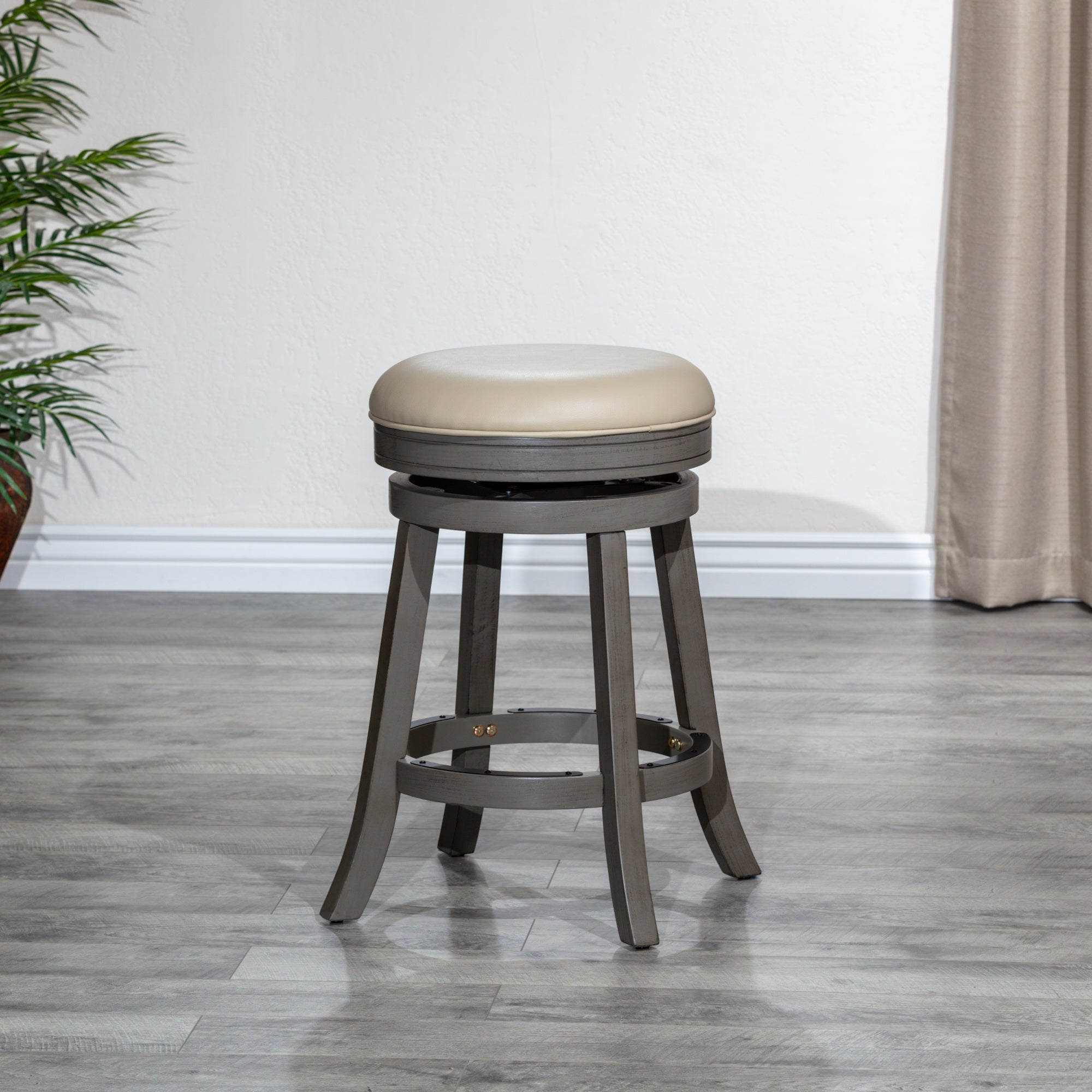 24" Counter Stool, Weathered Gray Finish, French Gray Leather Seat