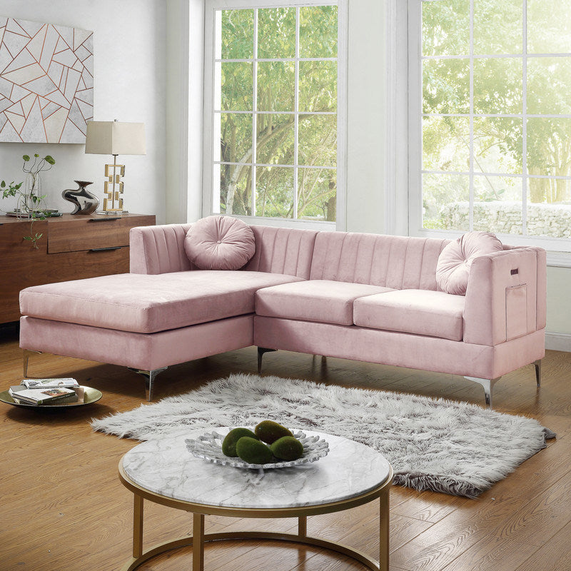 Chloe 85.5" Pink Velvet Sectional Sofa Chaise with USB Charging Port