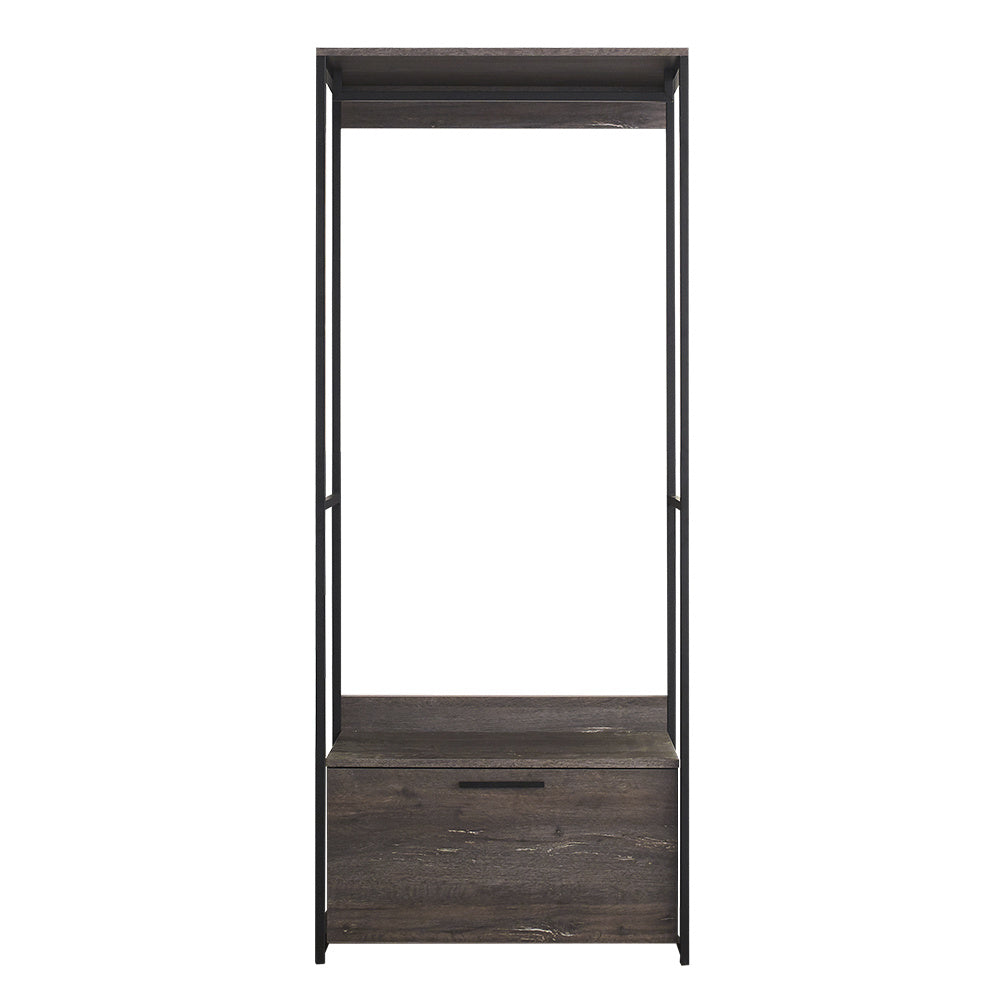 Monica Wood and Metal Walk-in Closet with One Drawer in Rustic Gray