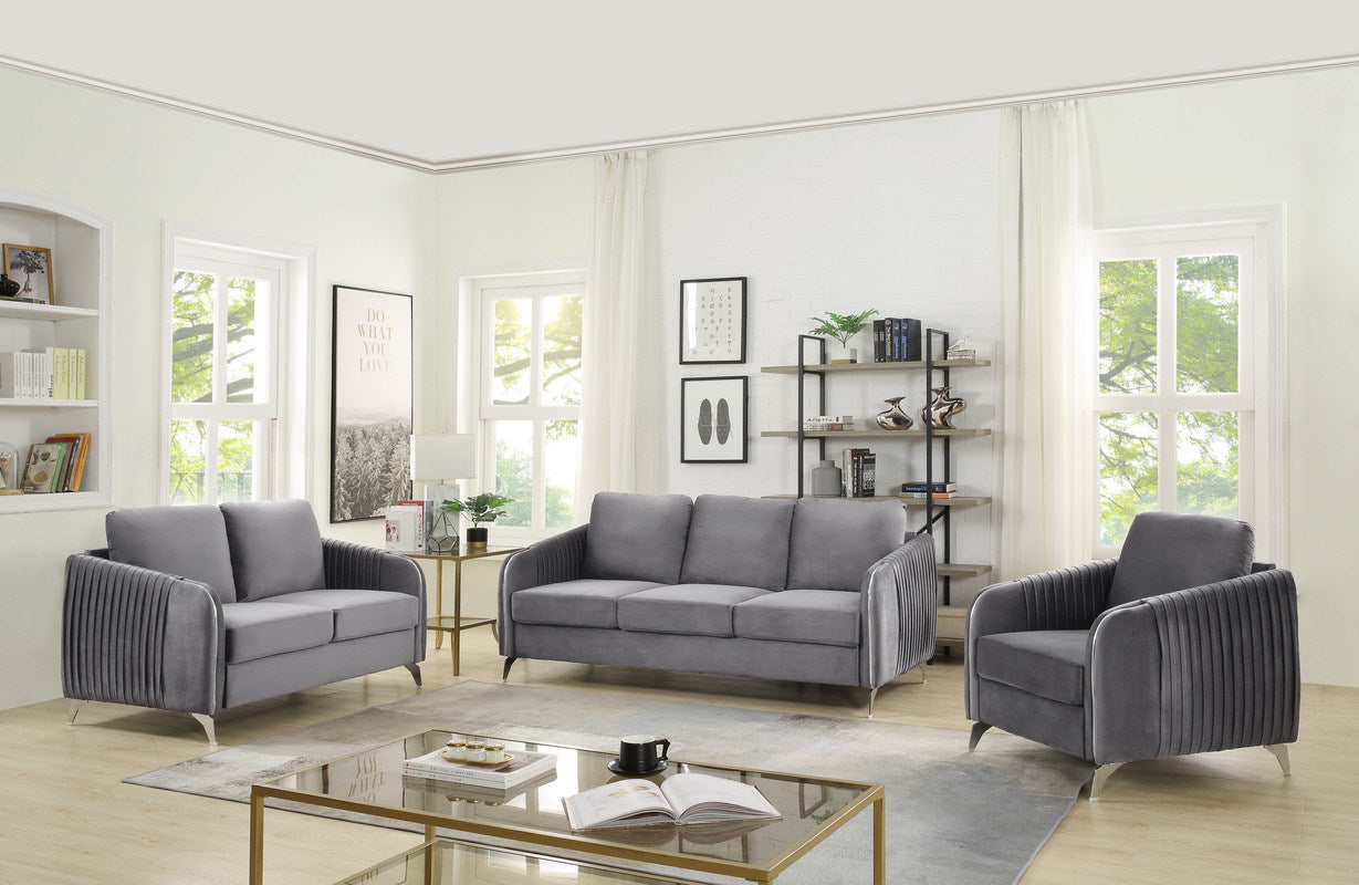 Hathaway Gray Velvet Fabric Sofa Loveseat Chair Living Room Set