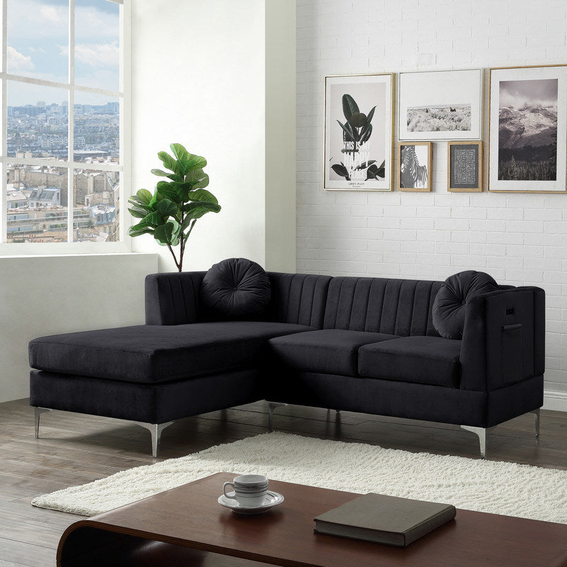 Chloe 85.5" Black Velvet Sectional Sofa Chaise with USB Charging Port