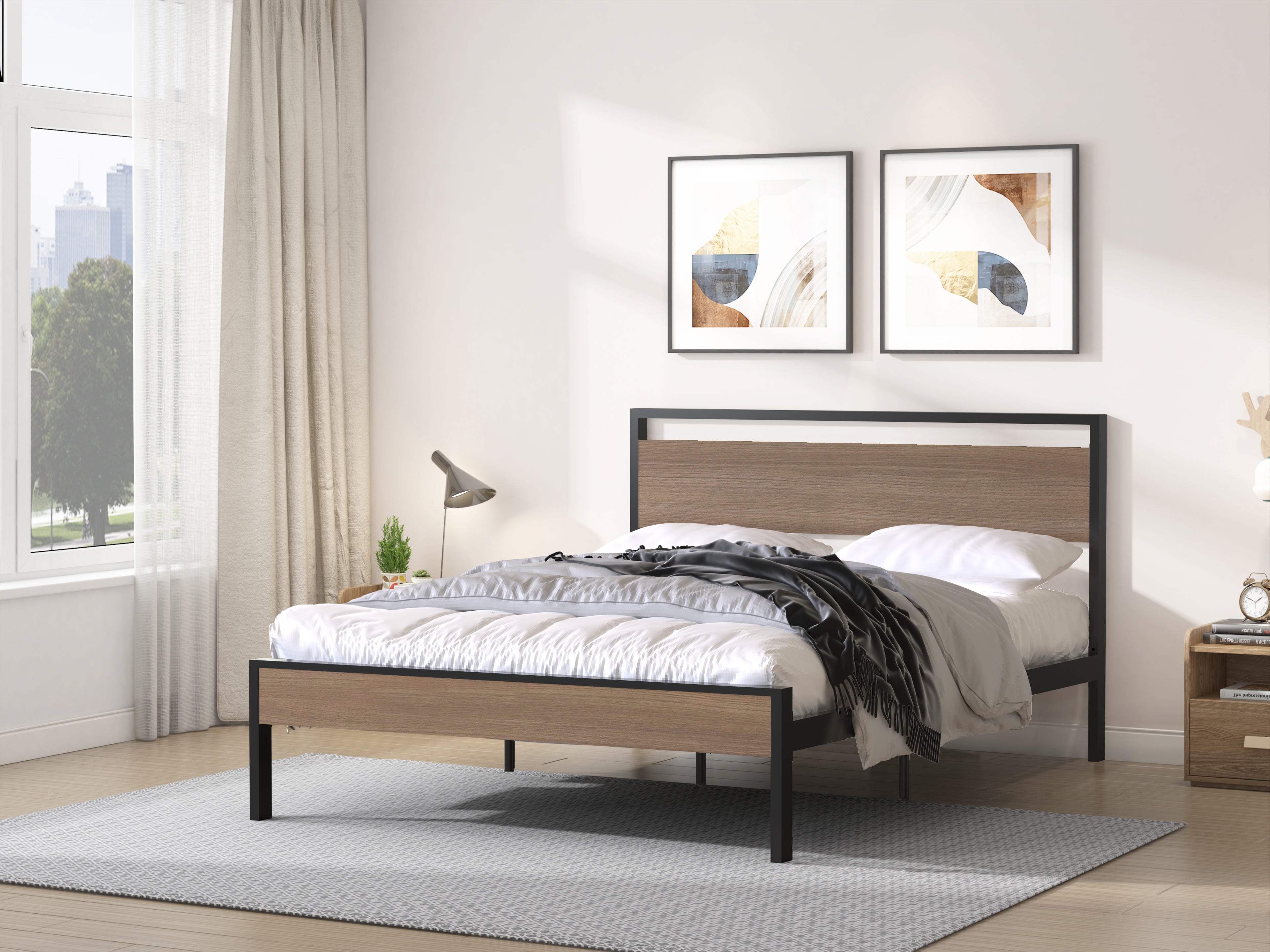 Ceres Metal Bed, Black with Cinnamon Wood Headboard & Footboard, Queen