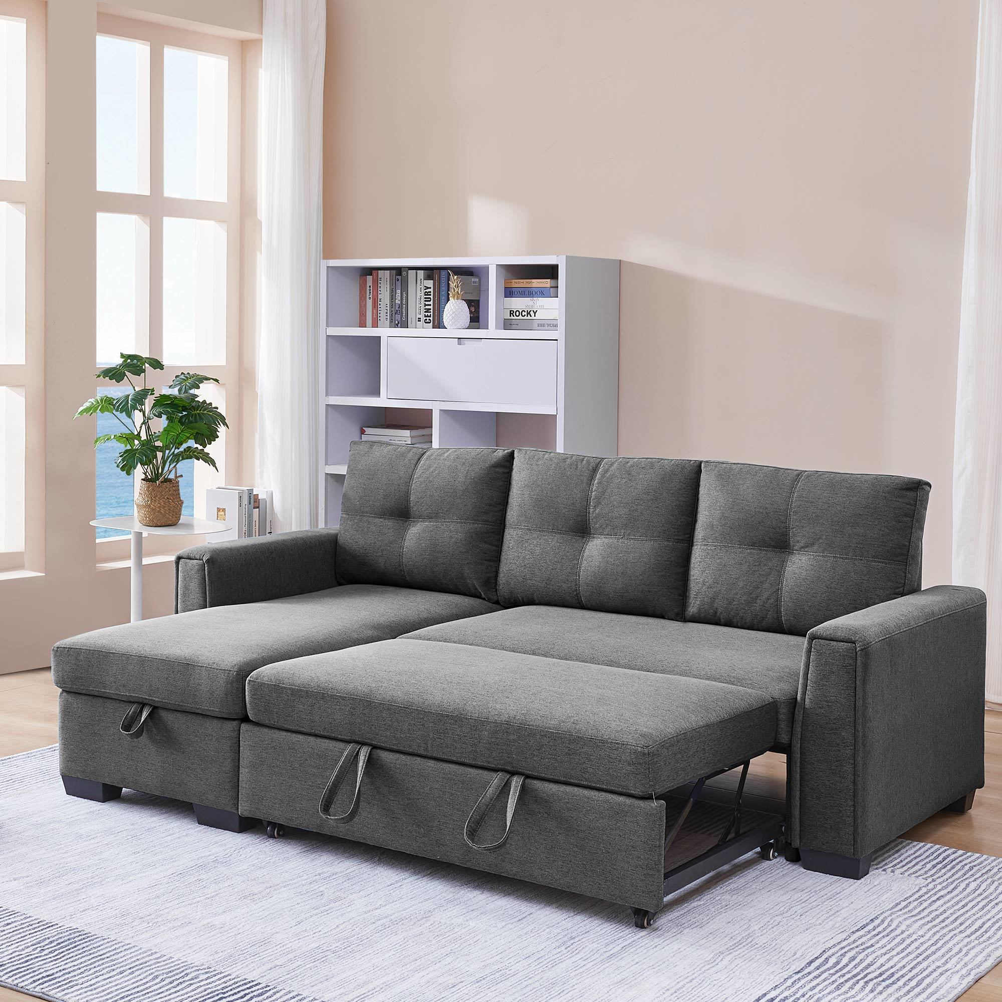 91.7 Inches Pull-Out Sleeper Bed, L-Shape 3-Seater Modular Fabric Convertible Reversible Sleeper Sectional Sofa Couch with Storage Chaise - Dark Grey