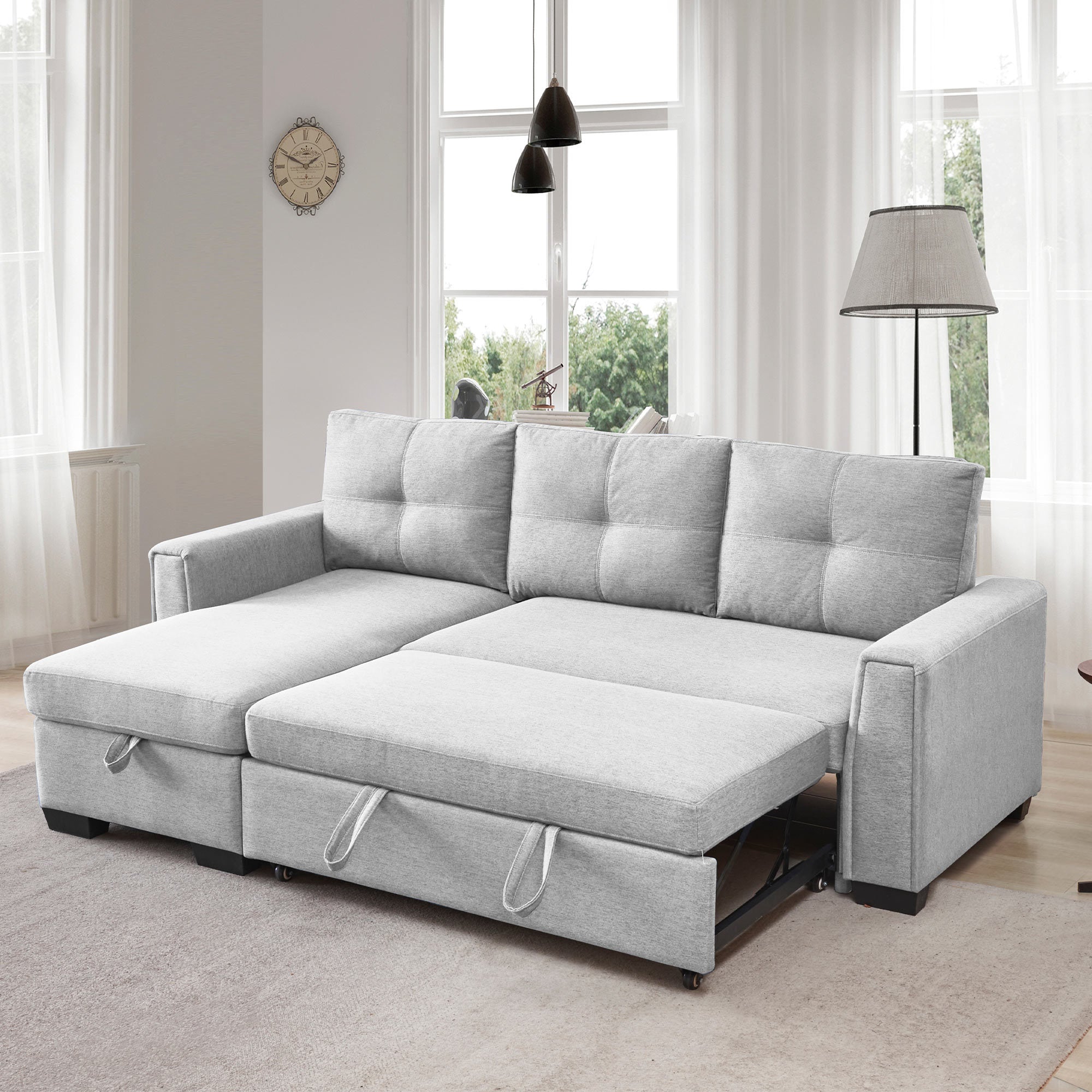 91.7' Pull-Out Sleeper Bed, L-Shape 3-Seater Modular Fabric Convertible Reversible Sleeper Sectional Sofa Couch with Storage Chaise - Light Grey