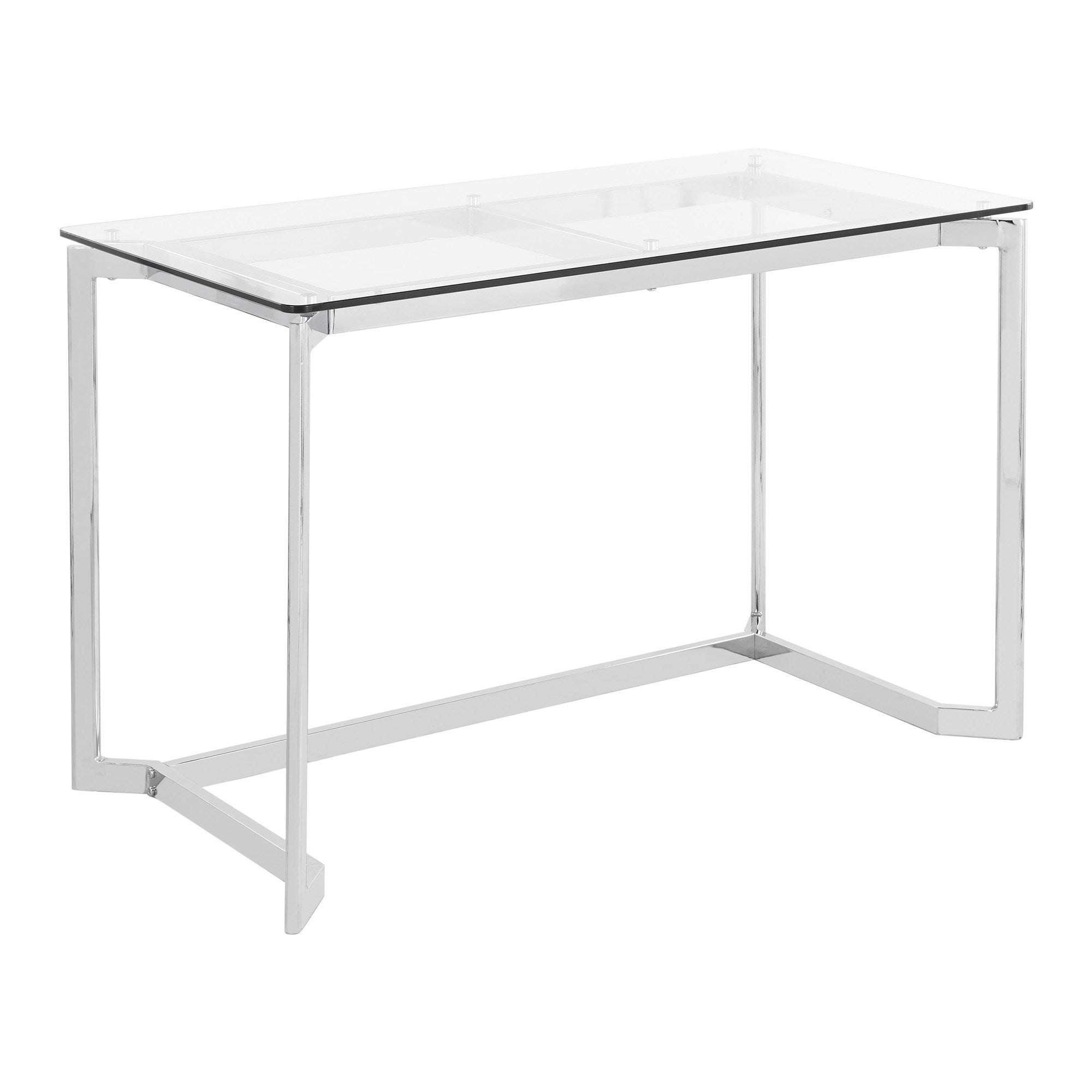 Masters Modern Office Desk in Mirrored Chrome with Clear Glass Top by LumiSource