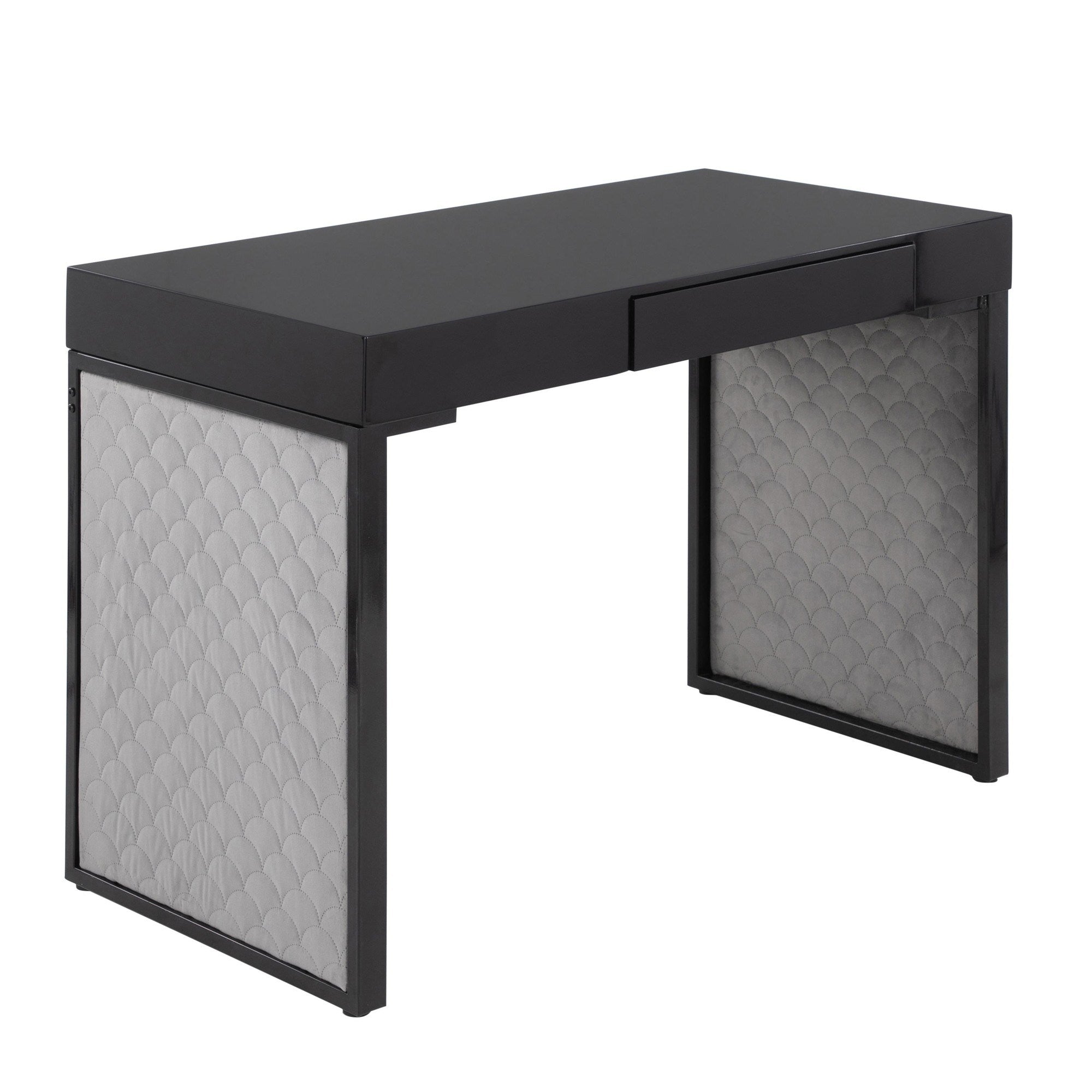 Drift Contemporary Upholstered Desk in Black Steel, Black Wood and Silver Velvet by LumiSource