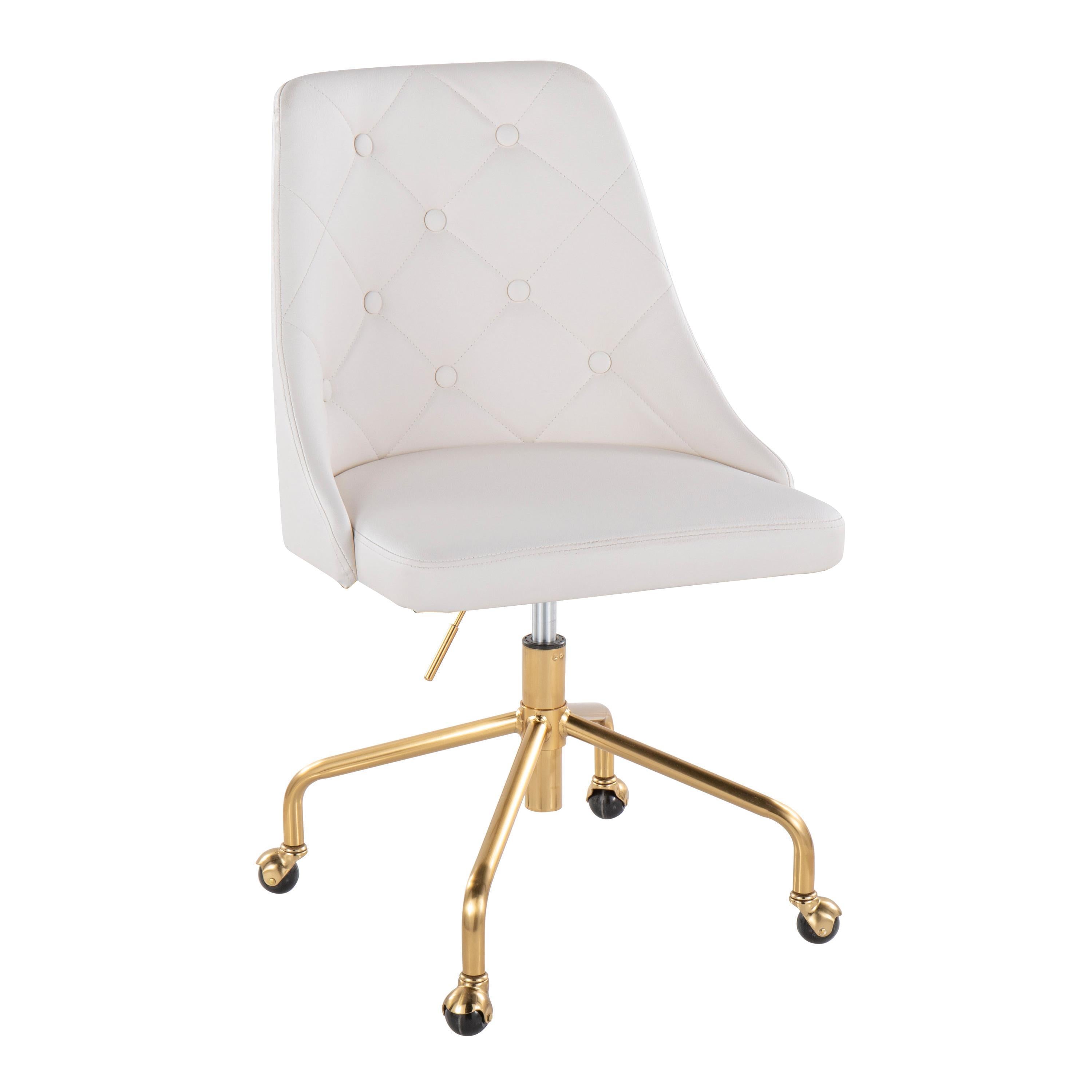 Marche Contemporary Adjustable Office Chair with Casters in Gold Metal and White Faux Leather by LumiSource