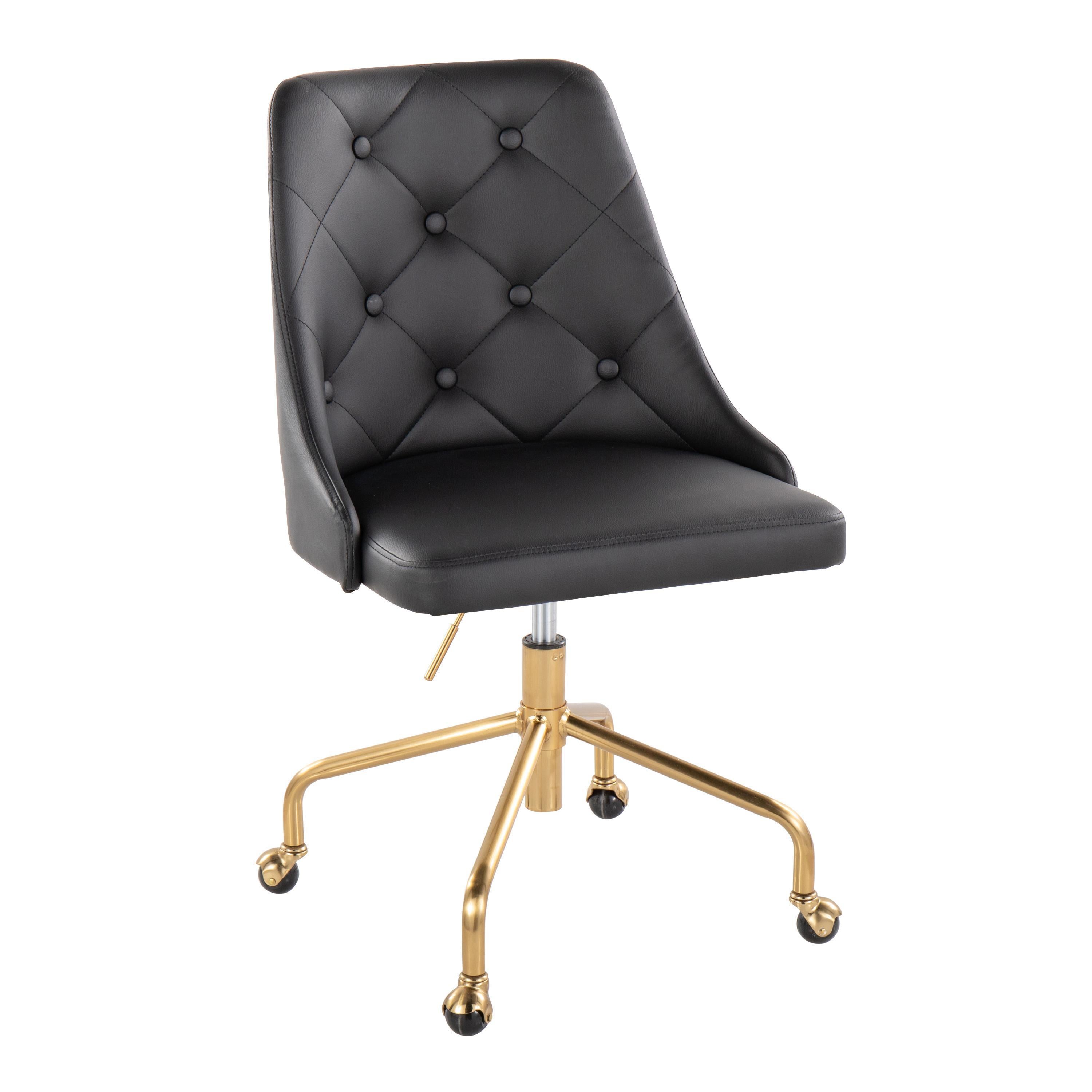 Marche Contemporary Adjustable Office Chair with Casters in Gold Metal and Black Faux Leather by LumiSource