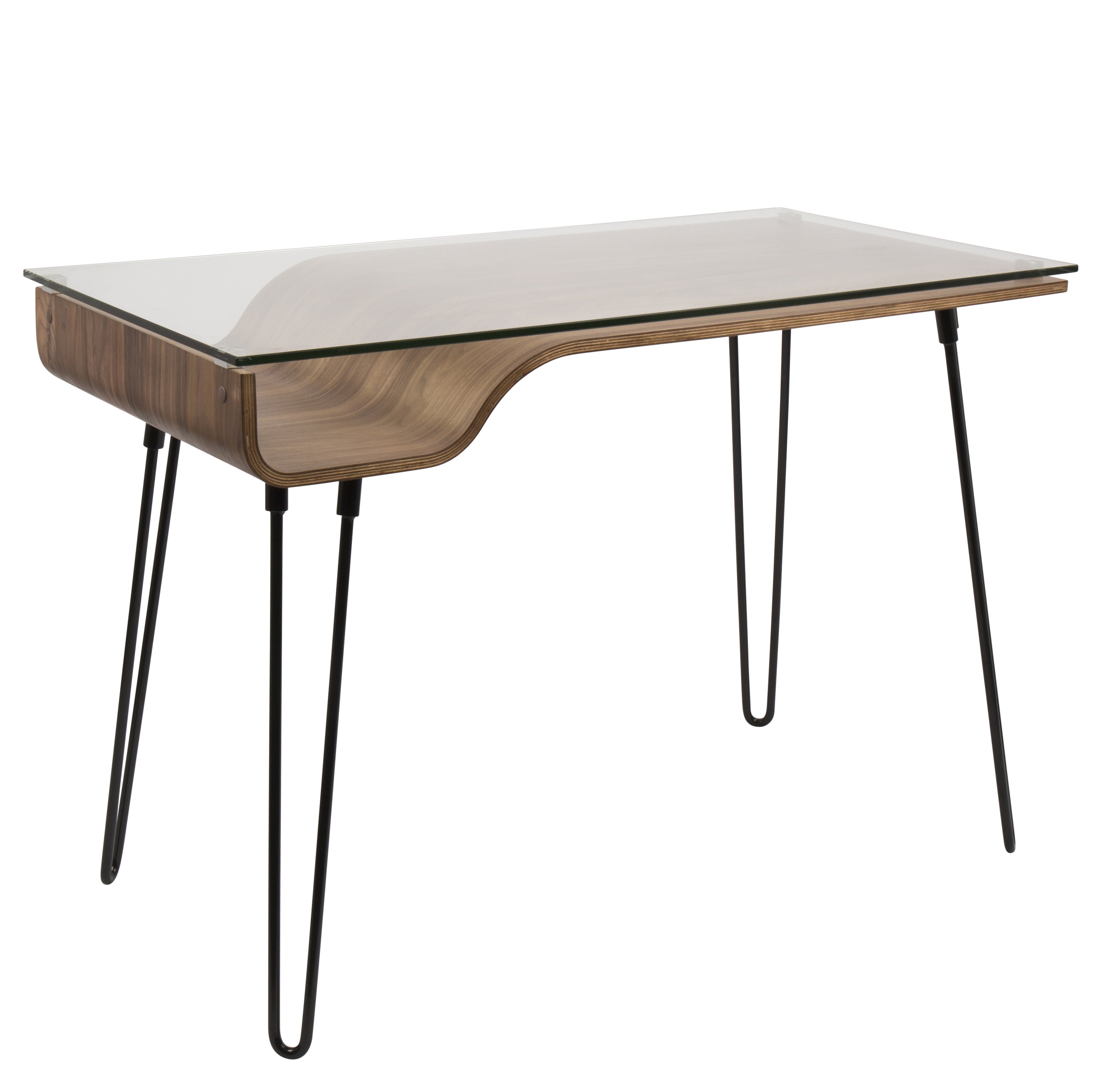 Avery Mid-Century Modern Desk in Walnut Wood, Clear Glass, and Black Metal by LumiSource