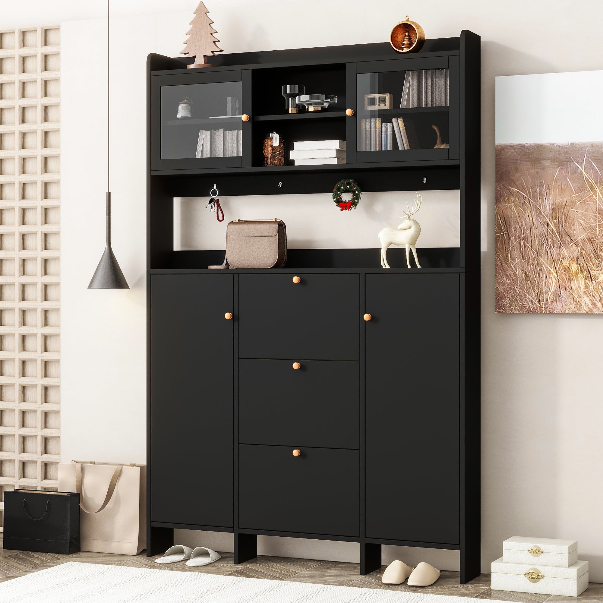 [VIDEO provided] ON-TREND Contemporary Shoe Cabinet with Open Storage Platform, Tempered Glass Hall Tree with 3 Flip Drawers, Versatile Tall Cabinet with 4 Hanging Hooks for Hallway, Black