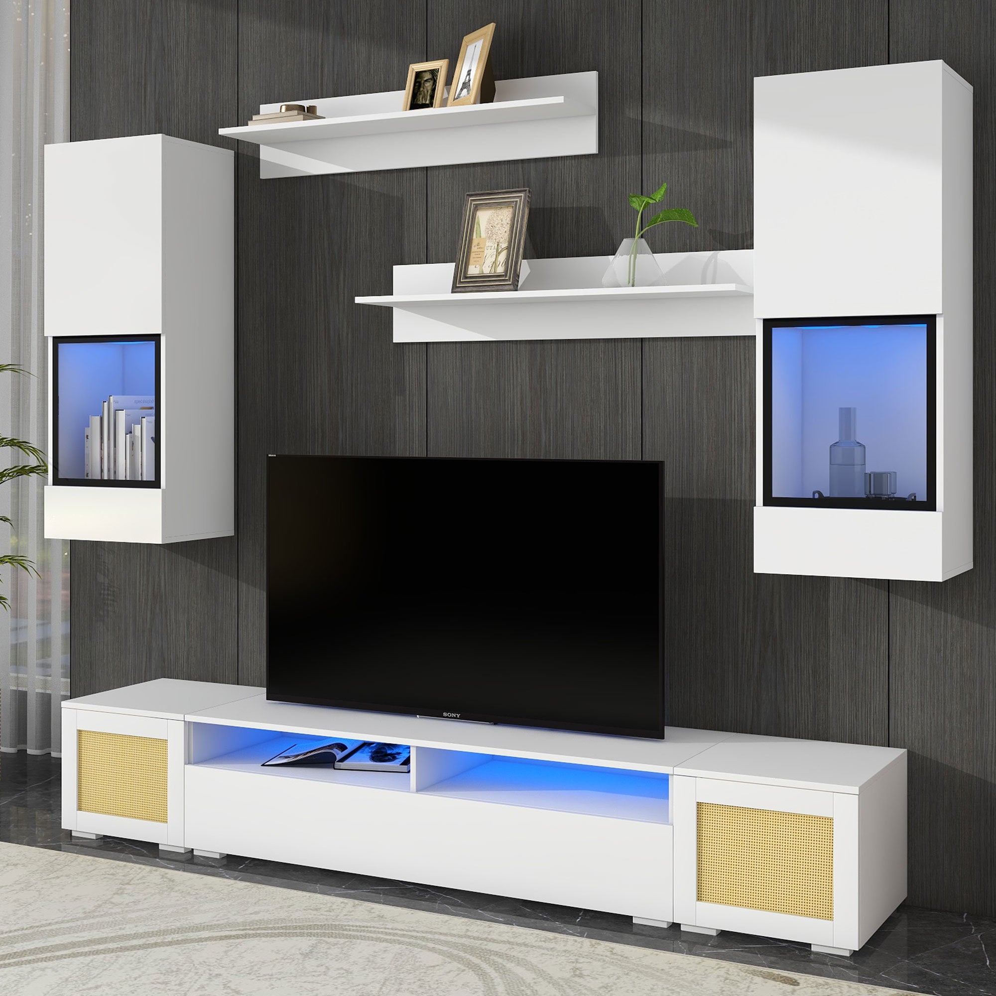 ON-TREND Extended, Rattan Style Entertainment Center, 7 Pieces Floating TV Console Table for TVs Up to 90'', High Gloss Wall Mounted TV Stand with Color Changing LED Lights for Home Theatre, White.