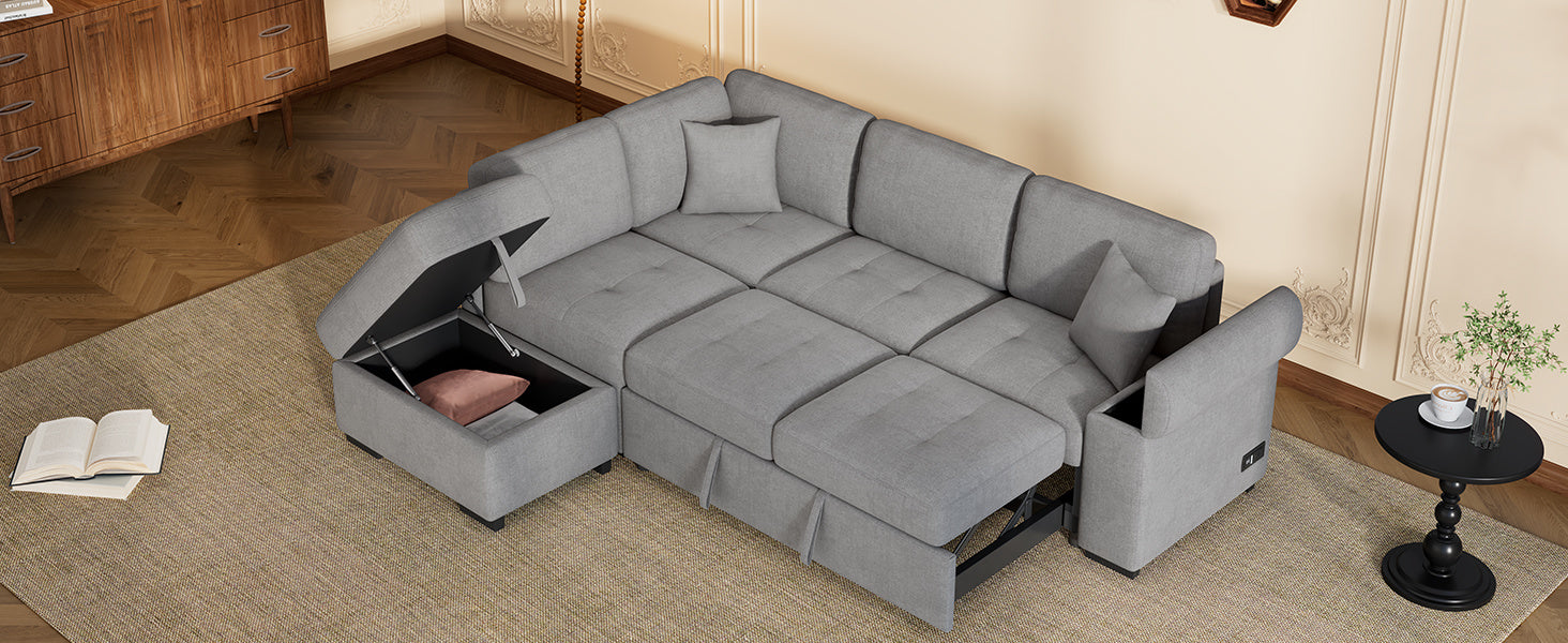 Sleeper Sectional Sofa, L-Shape Corner Couch Sofa-Bed with Storage Ottoman & Hidden Arm Storage & USB Charge for Living Room Apartment, Gray