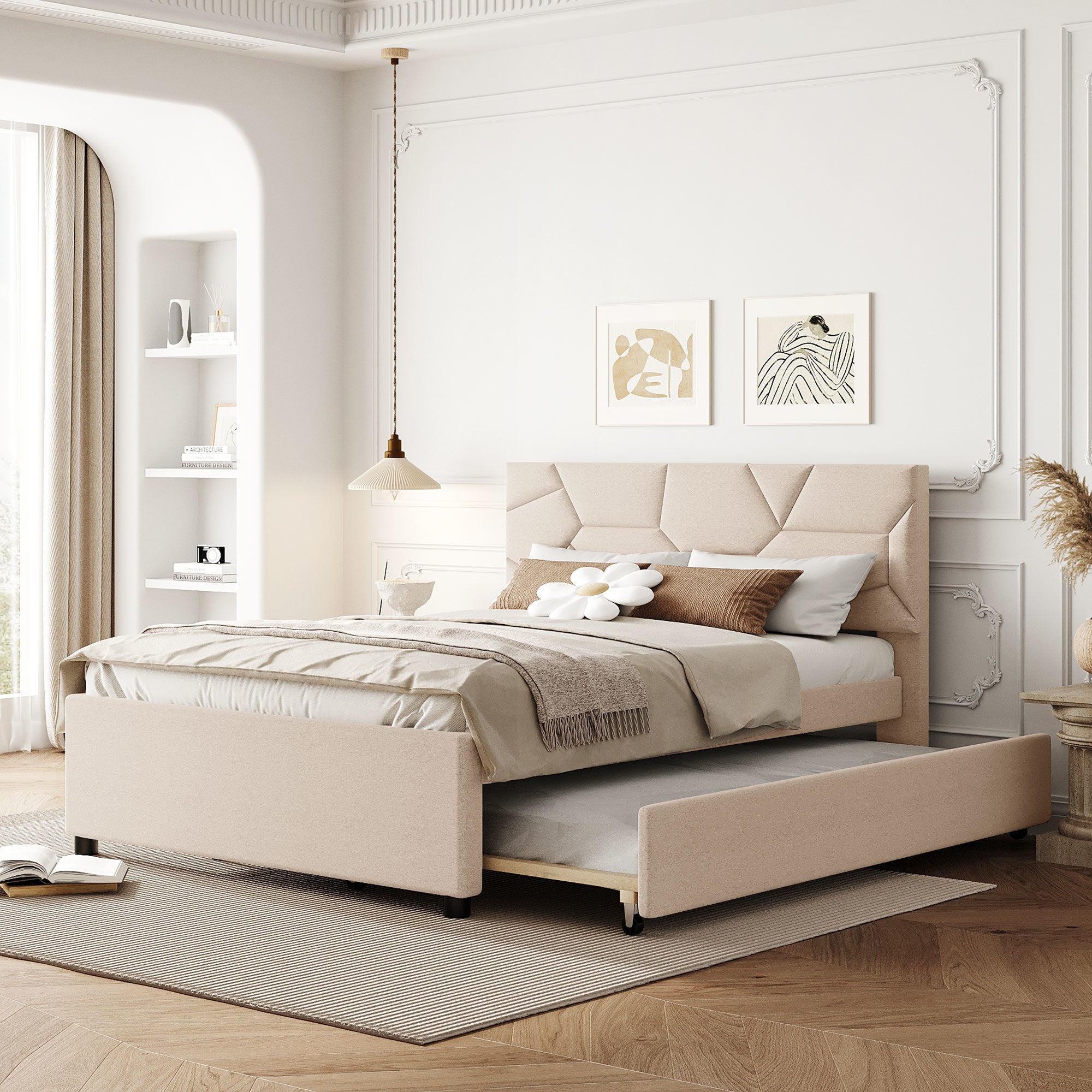 Full Size Upholstered Platform Bed with Brick Pattern Headboard and Twin Size Trundle, Linen Fabric, Beige