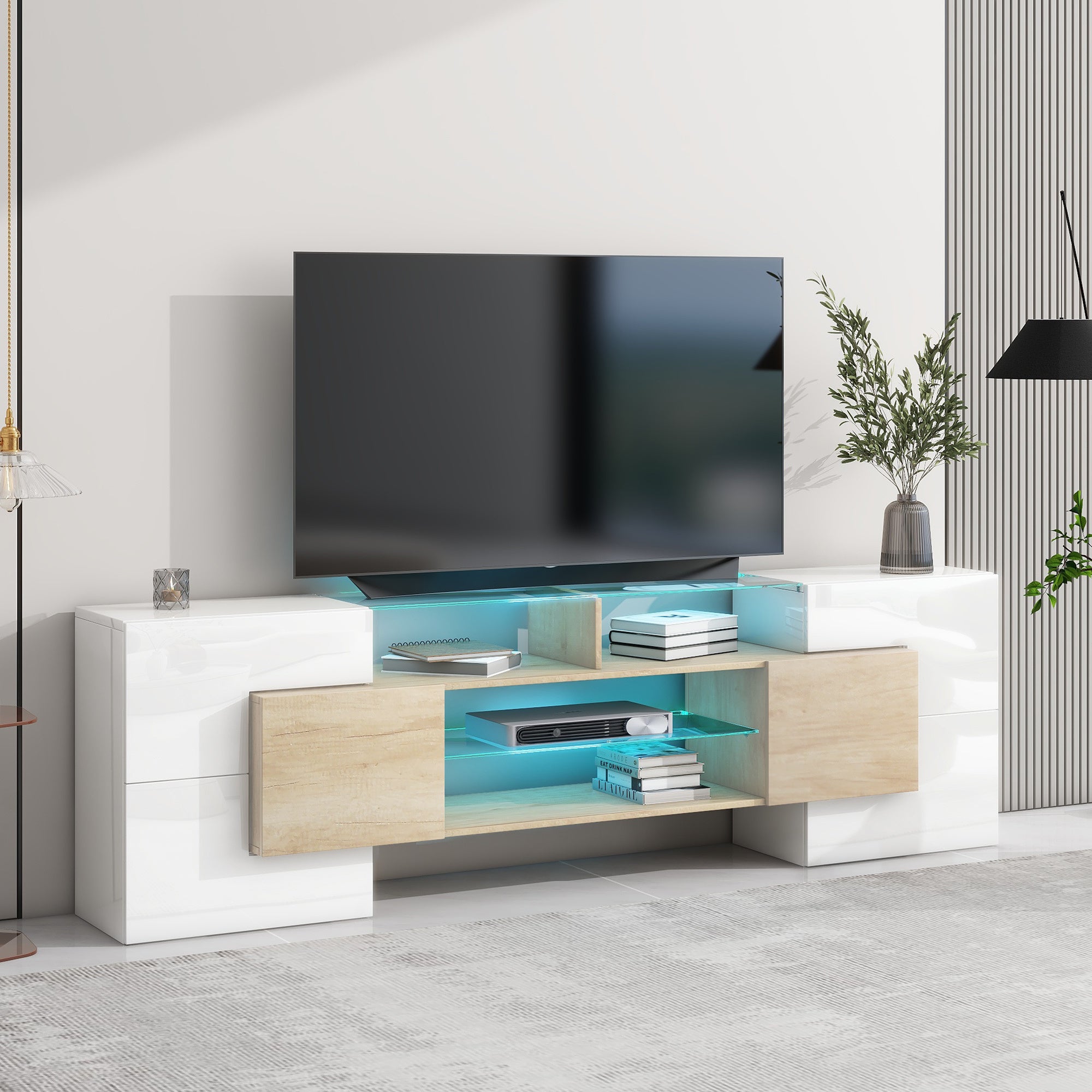 ON-TREND Unique Shape TV Stand with 2 Illuminated Glass Shelves, High Gloss Entertainment Center for TVs Up to 88", Versatile TV Cabinet with LED Color Changing Lights for Living Room, Wood