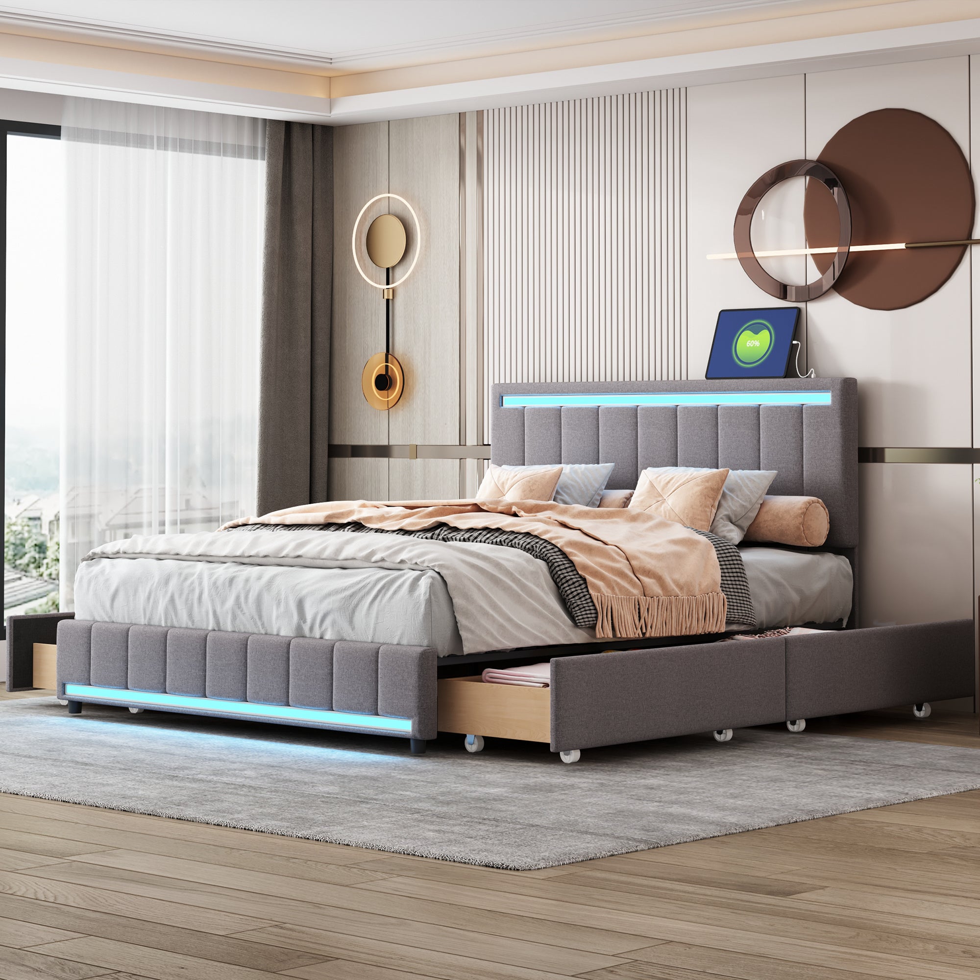 Queen Size Upholstered Bed with LED Light and 4 Drawers, Modern Platform Bed with a set of Sockets and USB Ports, Linen Fabric, Beige