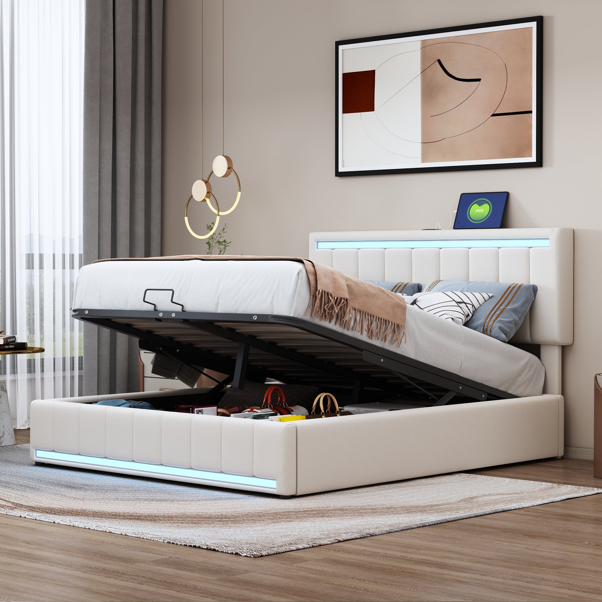 Full Size Upholstered Platform Bed with Hydraulic Storage System, LED Light, and a set of USB Ports and Sockets, Linen Fabric, Beige