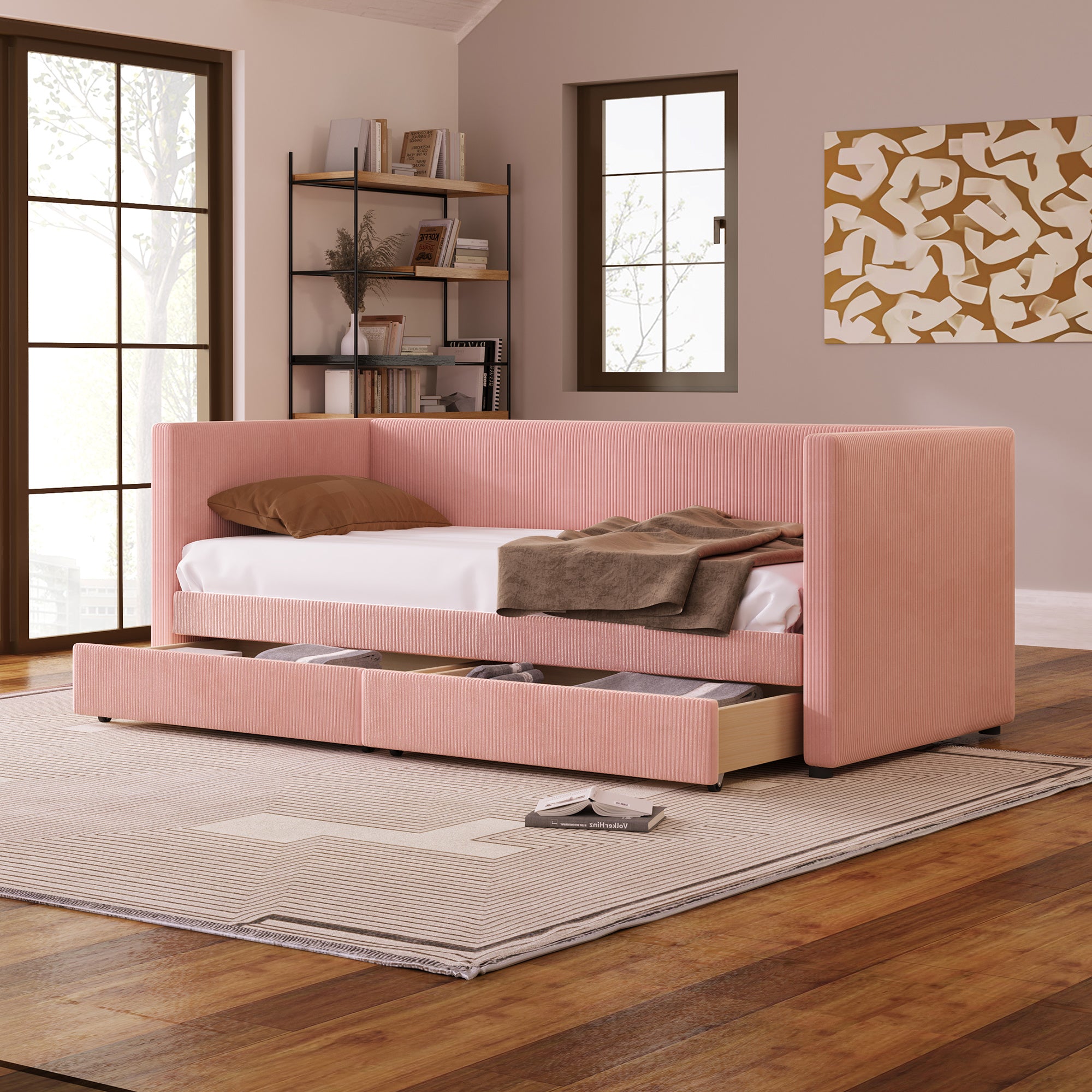 Twin Size Corduroy Daybed with Two Drawers and Wood Slat, Pink