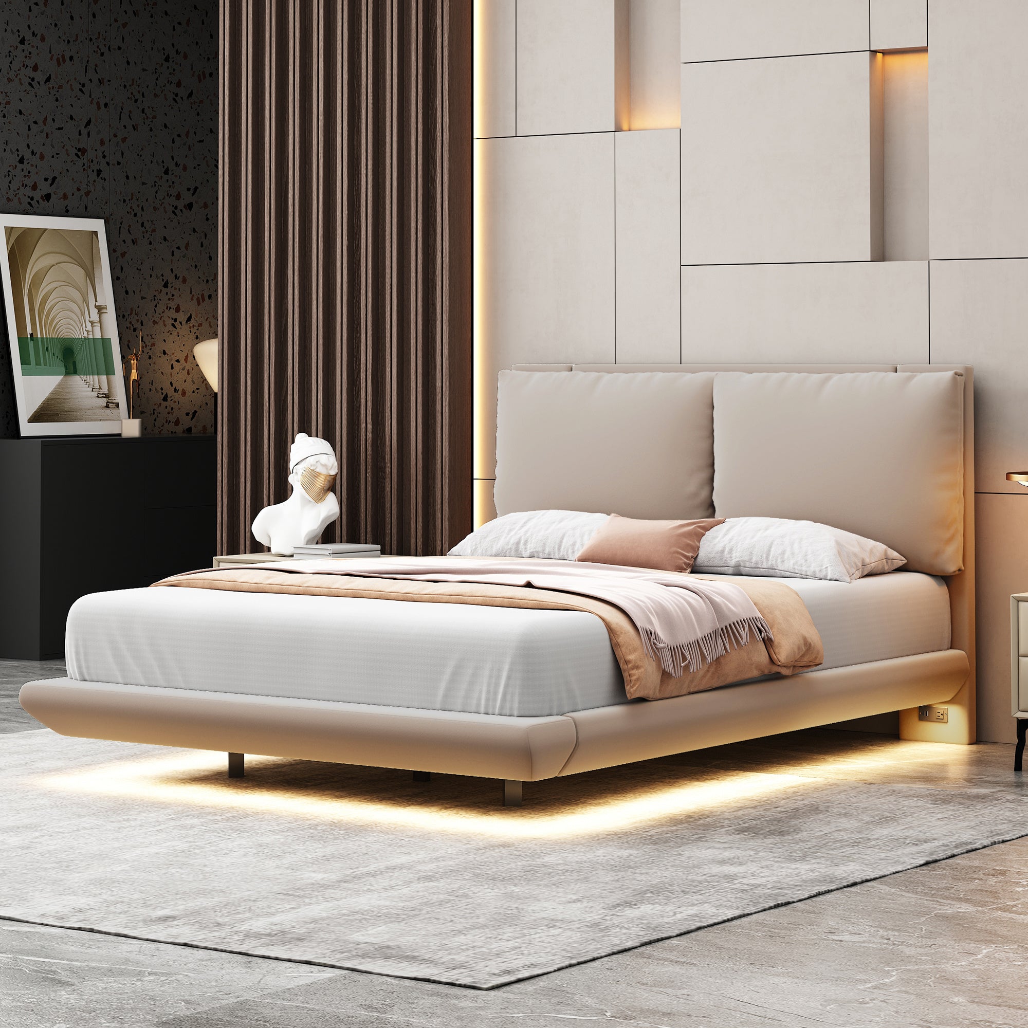 Full Size Upholstered Platform Bed with Sensor Light and 2 Large Backrests, Stylish Platform Bed with 2 sets of USB Port and Socket on each rear Bed Leg, Beige