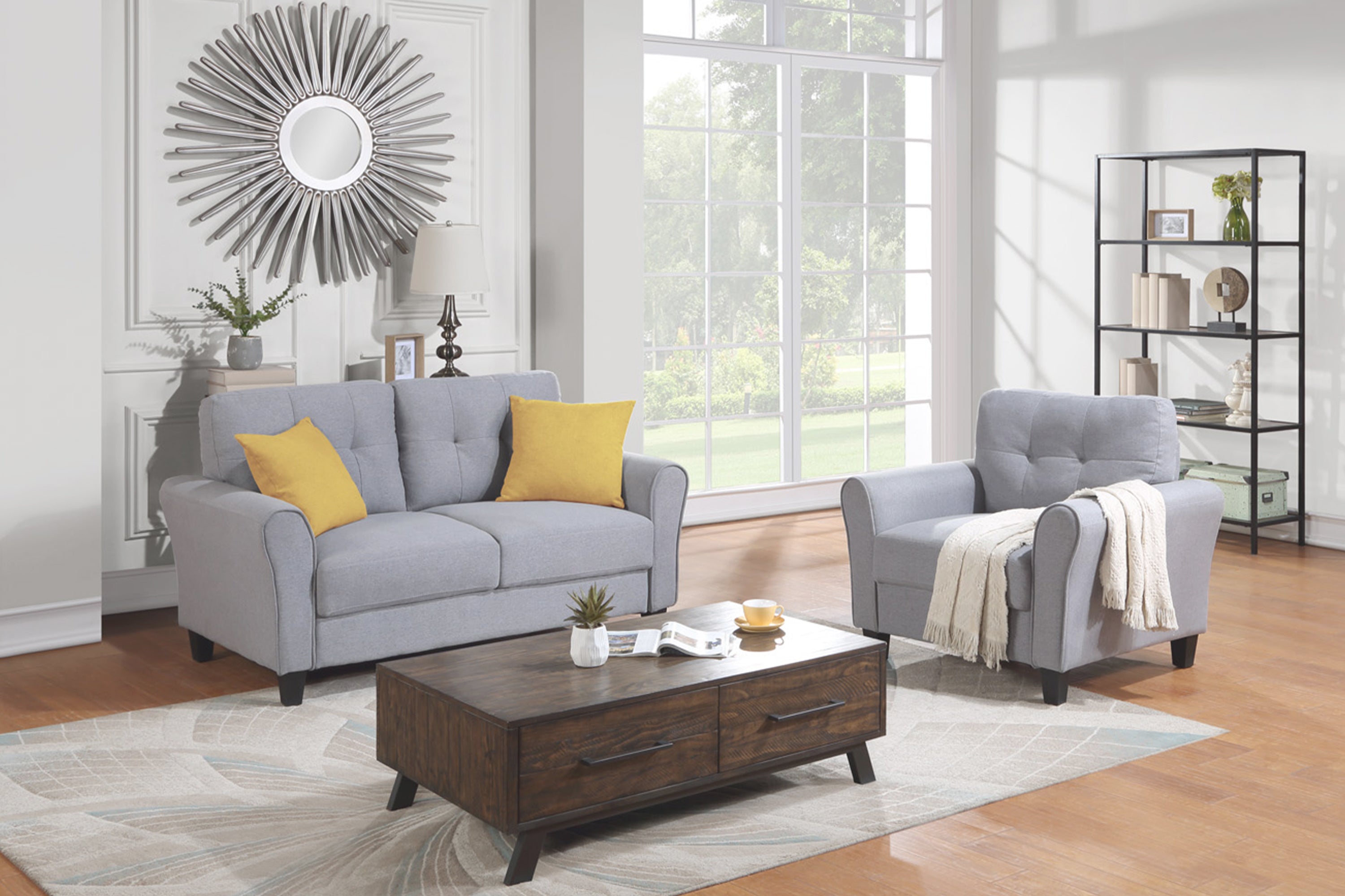 Modern Living Room Sofa Set Linen Upholstered Couch Furniture for Home or Office ,Light Grey-Blue,(1+2 Seat,Old Sku:SG000365AAA)