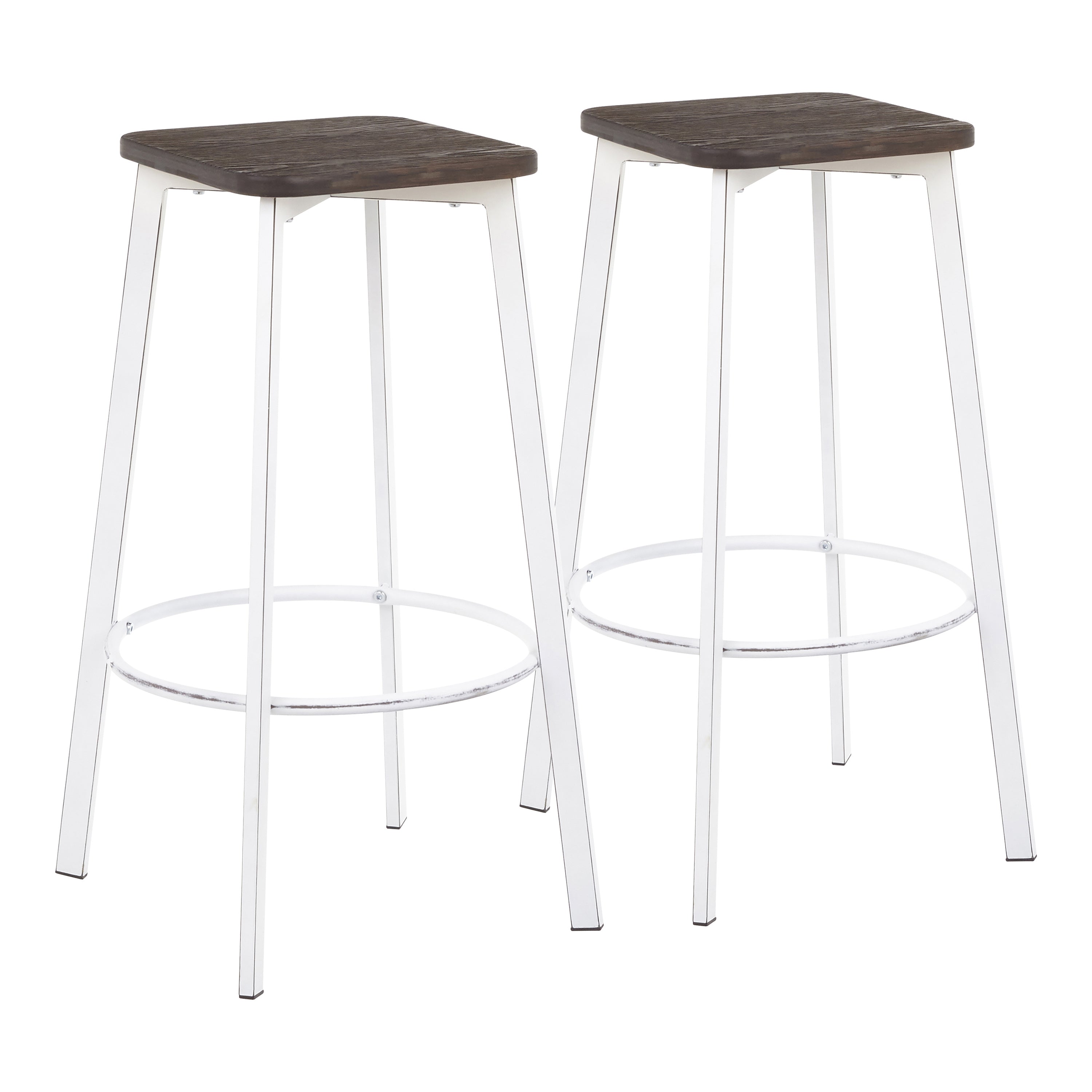 Clara Industrial Square Barstool in Vintage White Metal and Espresso Wood-Pressed Grain Bamboo by LumiSource - Set of 2