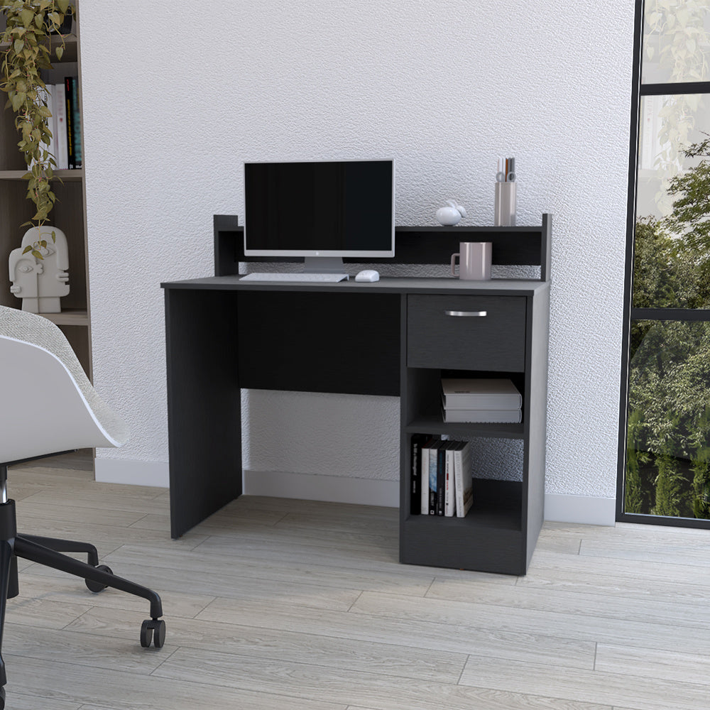 Computer Desk Delmar with Open Storage Shelves and Single Drawer, Black Wengue Finish