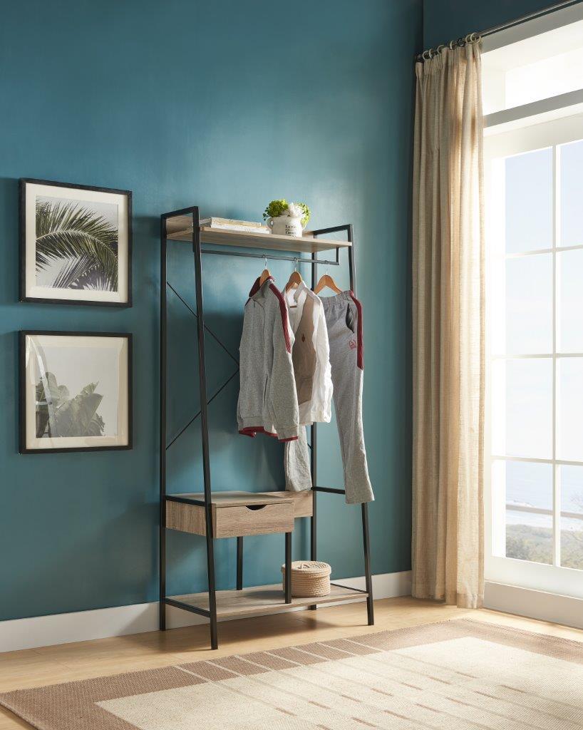 Metal Clothes Rack Open Wardrobe Free Standing with One Drawer Hanging Clothes Rod – Brown & Black Metal