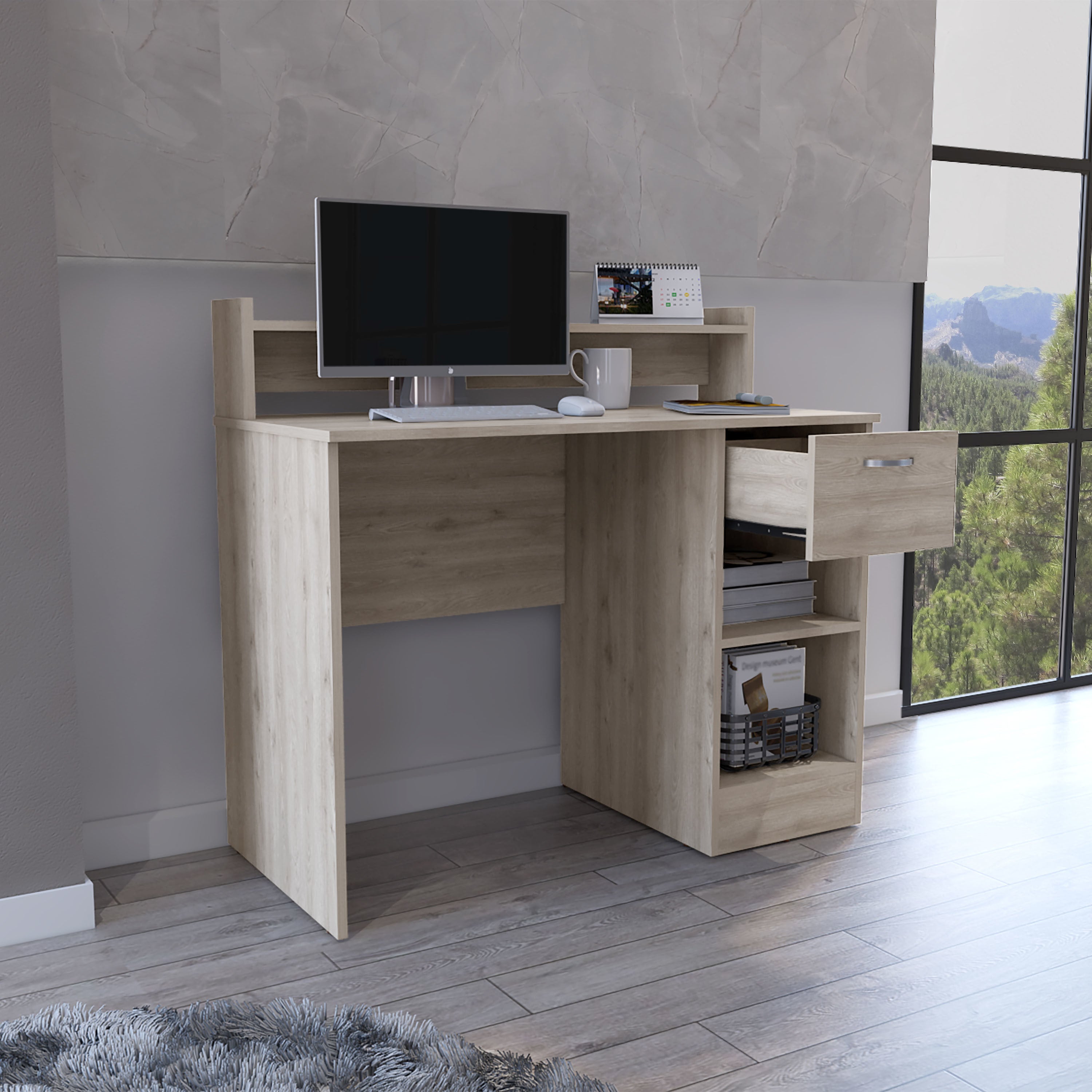 Computer Desk Delmar with Open Storage Shelves and Single Drawer, Light Gray Finish