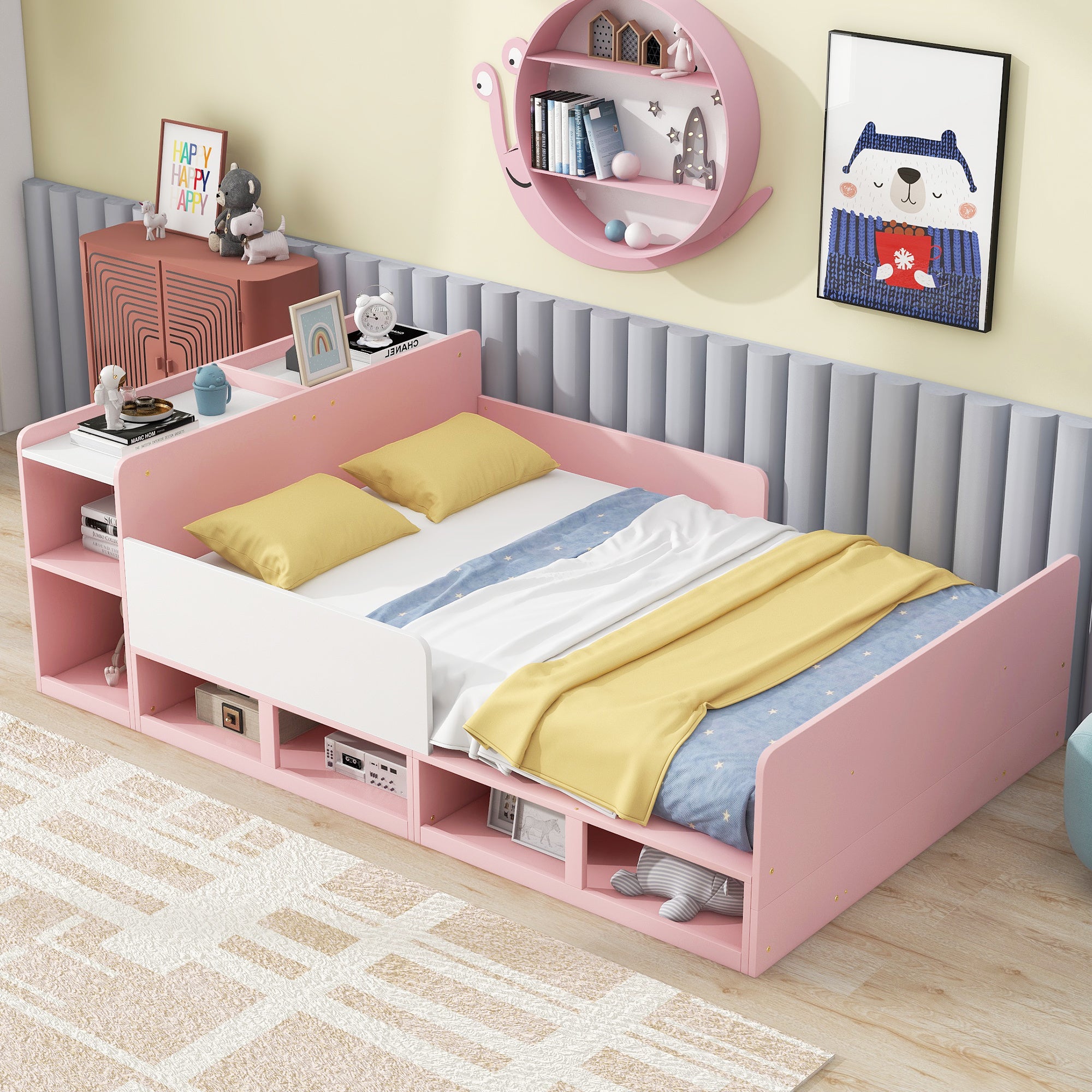 Wood Full Size Platform Bed with Storage Headboard, Guardrails and 4 Underneath Cabinets, Pink