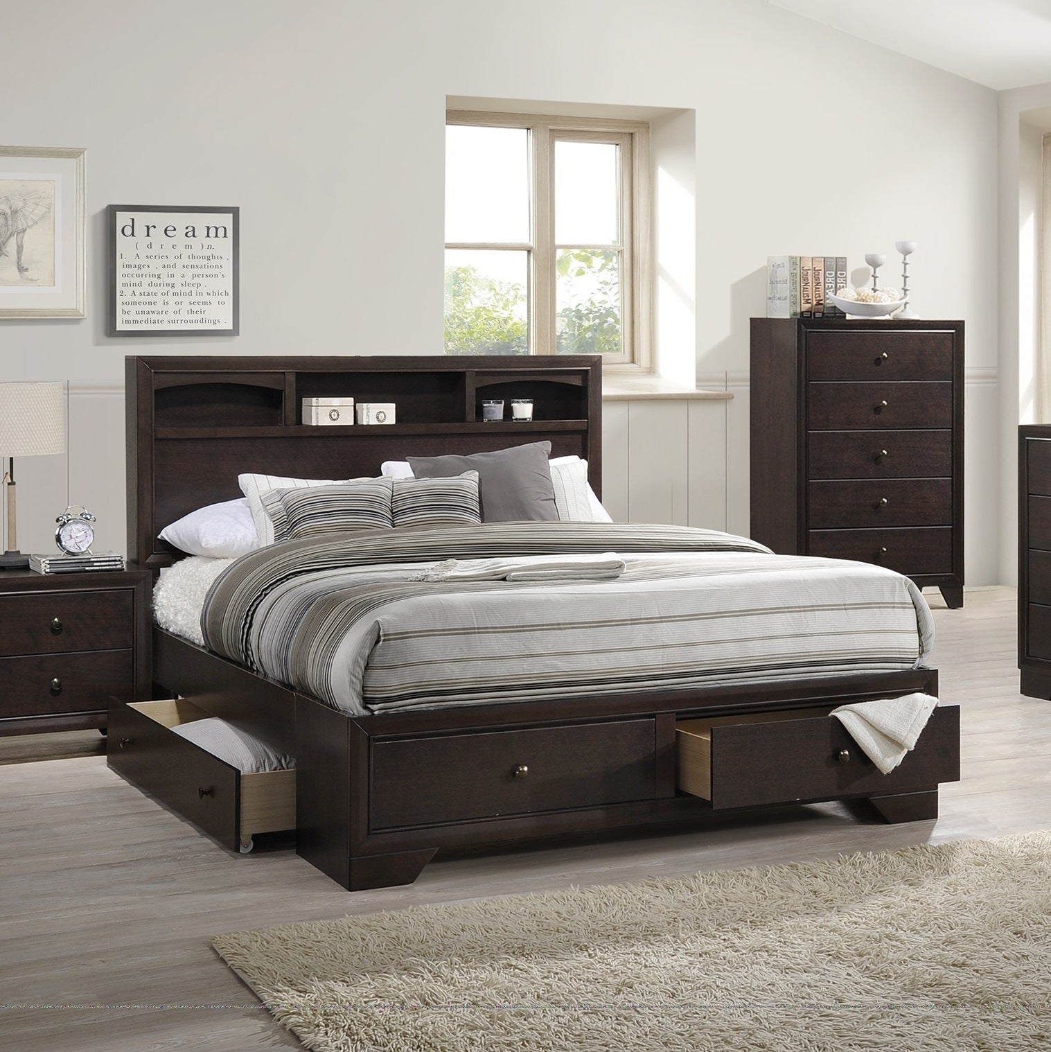 Modern bedroom Storage Eastern King Size Bed Drawers Storage Headboard Footboard 1pc Bed Only.